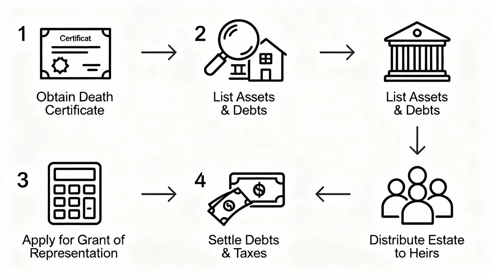 遺產分配方法全攻略:無遺囑點樣分?看懂繼承順位、協議書與5大步驟 5 一張流程圖,展示香港遺產分配的五個核心步驟,從申領死亡證到最終分配遺產。