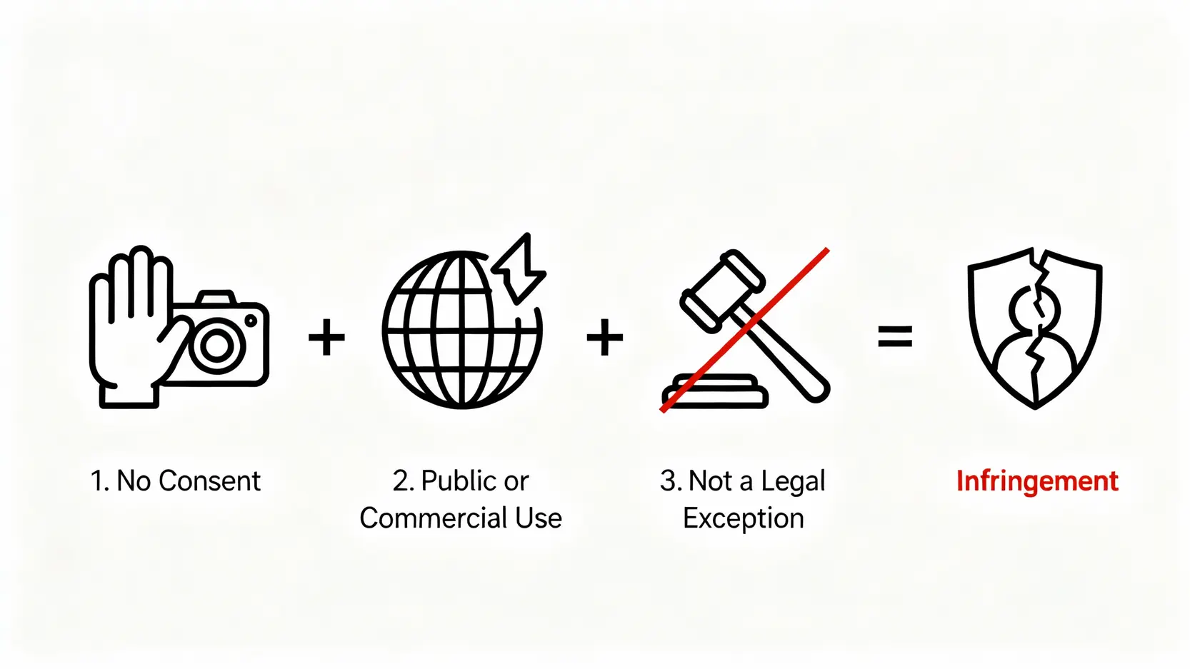 侵犯肖像權構成要件有哪些?律師解析3大地雷,亂拍照小心觸法! 4 一張圖表解釋侵犯肖像權的三個構成要件:未經同意、公開或營利使用、非法律例外情況。