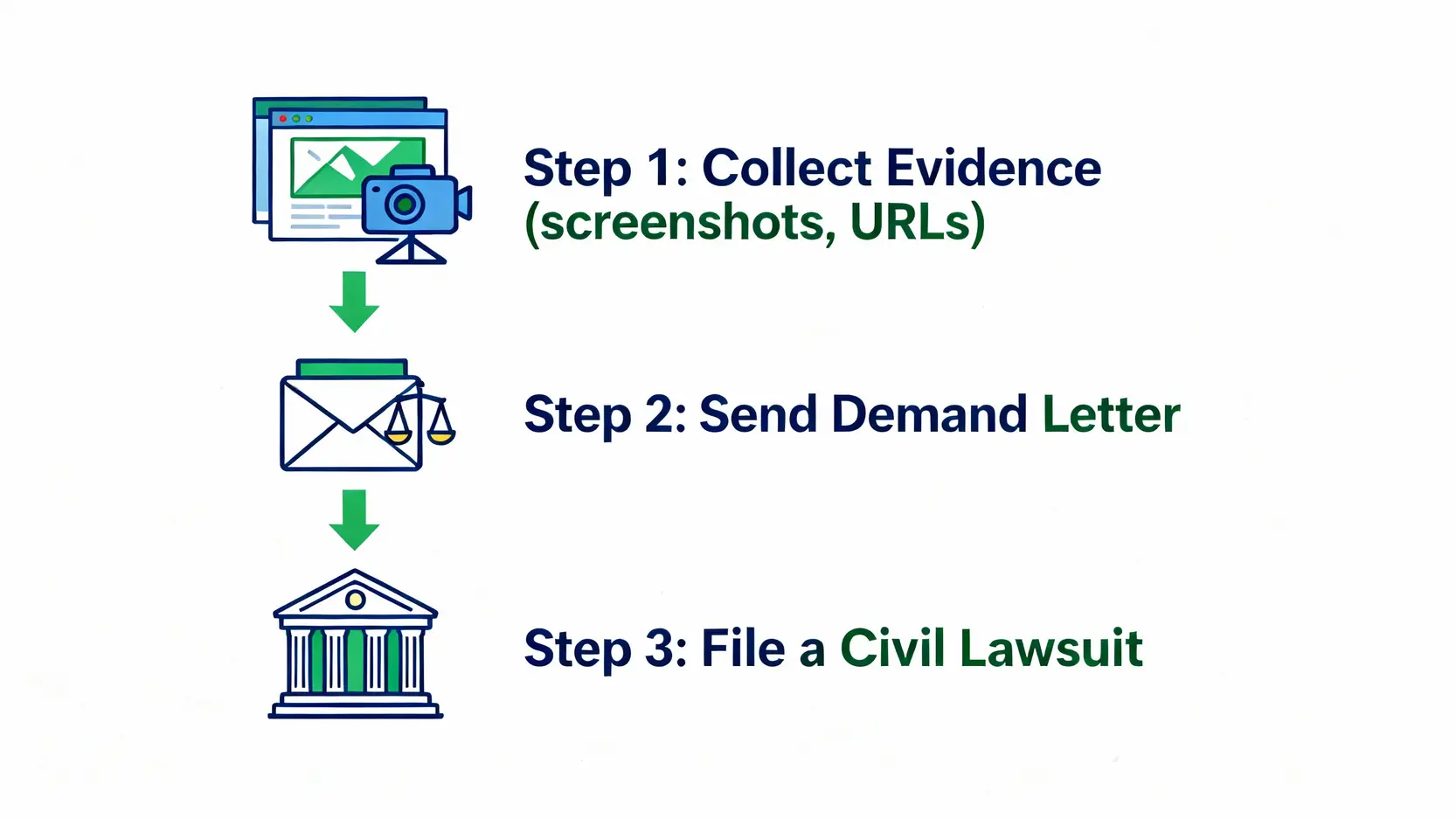 侵犯肖像權構成要件有哪些?律師解析3大地雷,亂拍照小心觸法! 5 顯示肖像權被侵犯後的處理流程圖,包含三個步驟:蒐集證據、寄發律師信、提起民事訴訟。