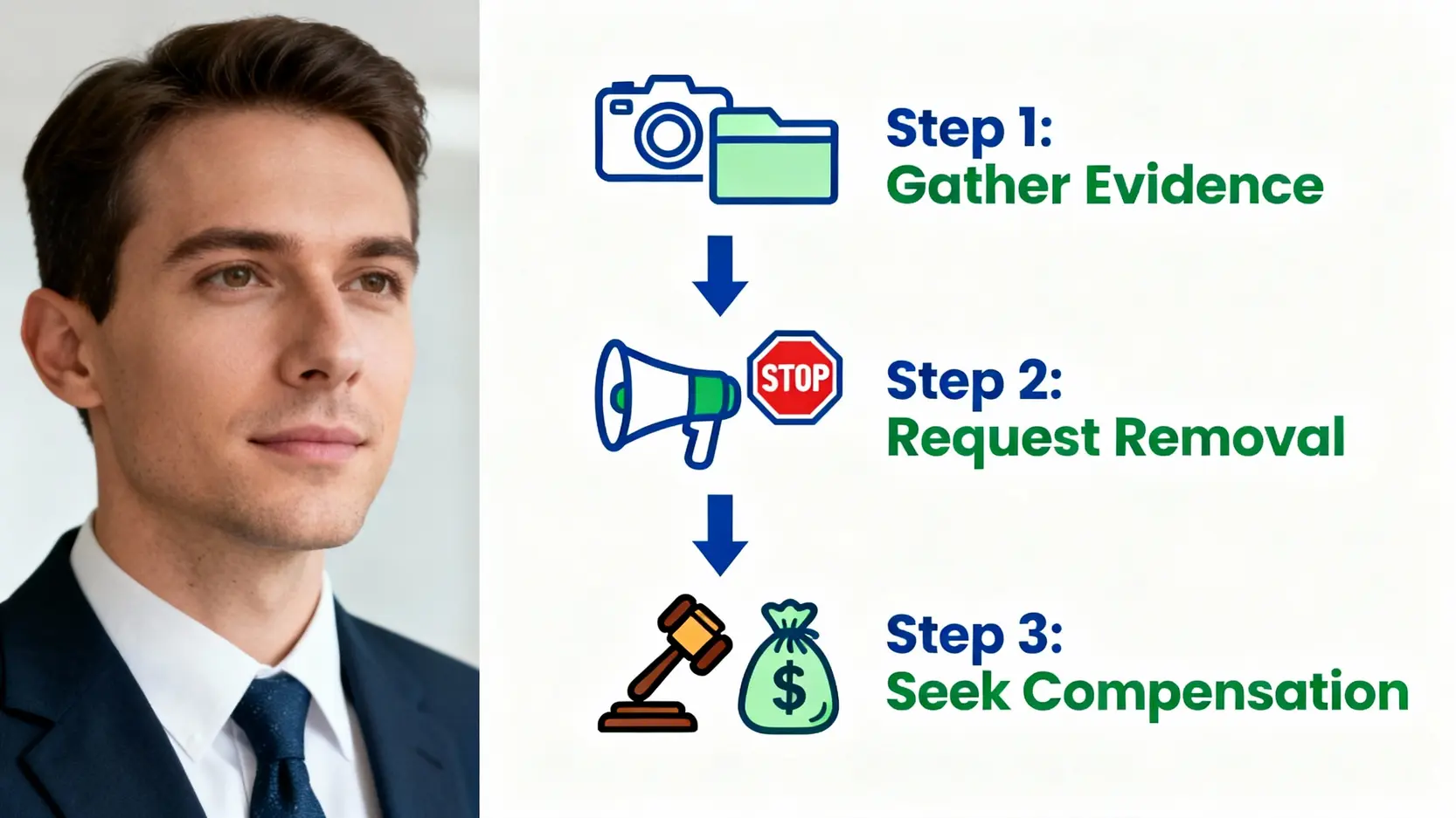 肖像權是什麼?香港律師詳解3大侵權行為與自保求償SOP 4 肖像權被侵害時的三步驟處理流程圖:第一步蒐證存檔,第二步要求移除,第三步請求賠償。