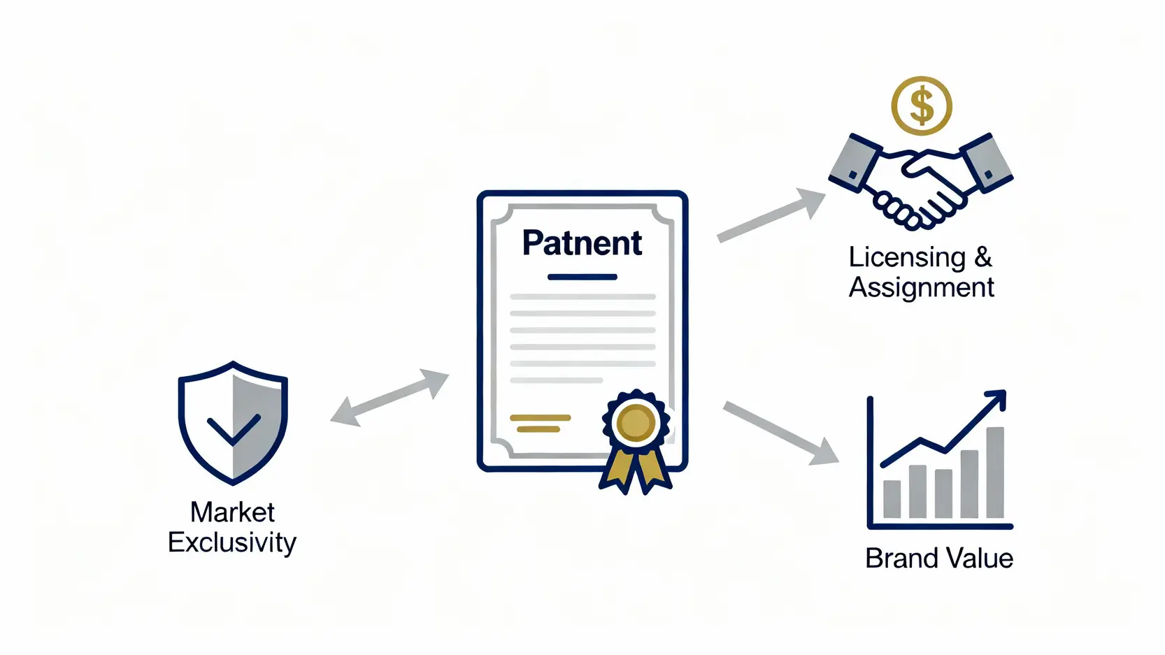 【申請專利懶人包】一篇搞懂專利是什麼、申請流程、費用與發明專利保護 3 專利保護的三大好處示意圖,包括市場獨佔權、技術授權與轉讓,以及提升品牌價值。