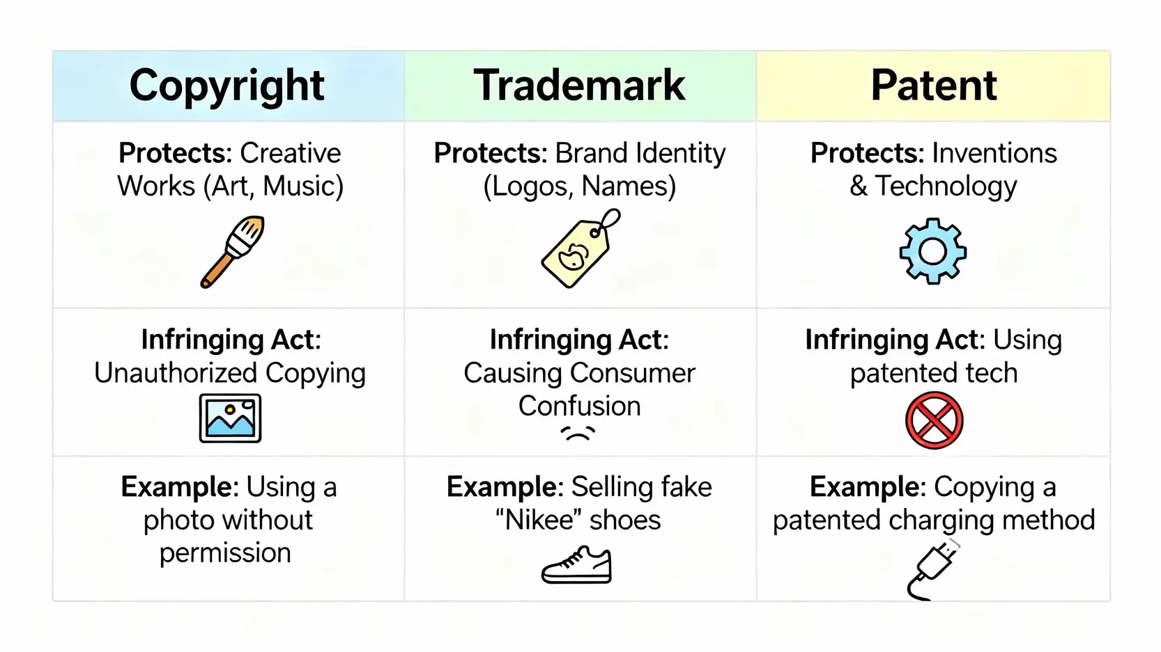 侵權定義是什麼?香港律師解析智慧財產權侵權案例與應對策略 2 智慧財產權三大類型對比圖,比較著作權、商標權和專利權的保護對象、侵權行為與案例。