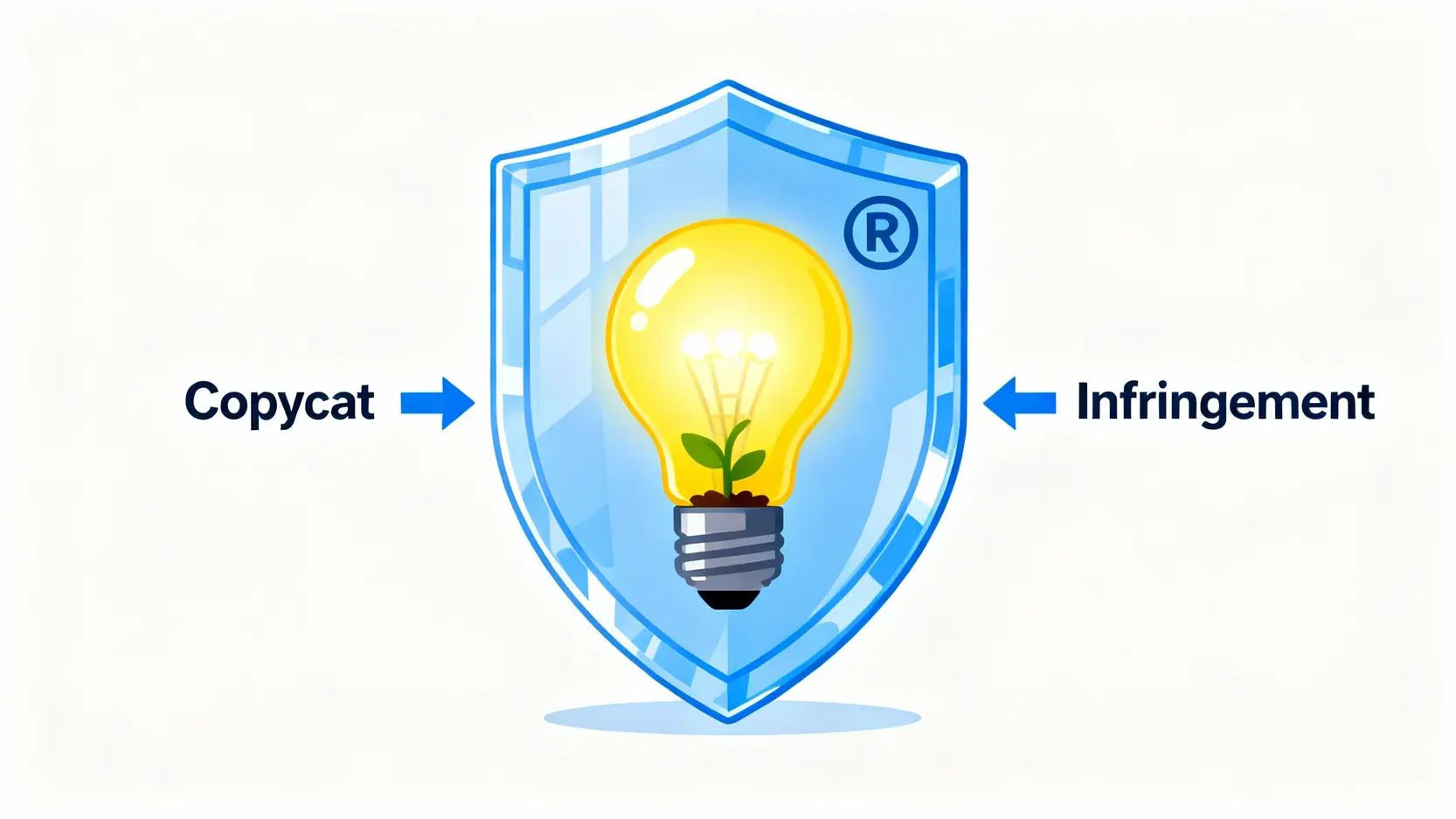 商標註冊終極指南:從商標查詢到費用,一篇搞懂香港申請5步曲 3 一個代表品牌創意的發光燈泡被一個帶有註冊商標符號的法律盾牌保護著,防止侵權行為。