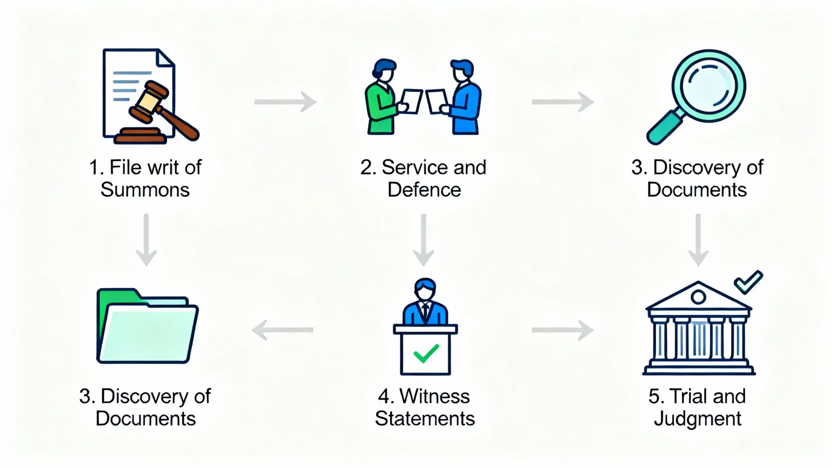 侵權求償全攻略:從法律、存證信函到提告流程,專家教你捍衛權益 2 香港民事侵權提告流程五步驟流程圖,從存檔起訴文件到法庭判決。