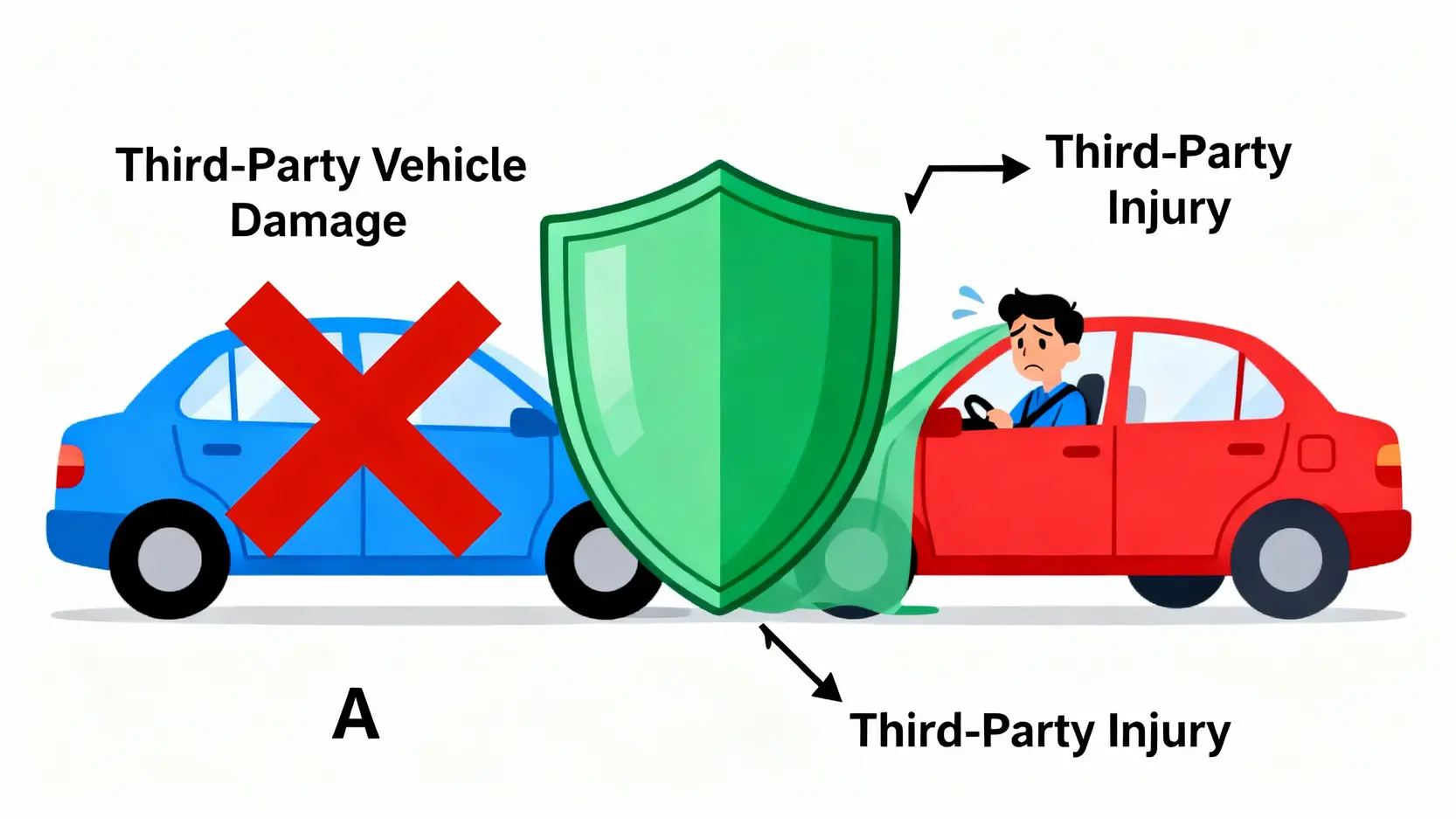 全保三保分別?一文看懂汽車保險種類、保障範圍與選擇攻略 3 第三者責任保險(三保)保障範圍示意圖,顯示保險只賠償對方車輛及人員的損失。