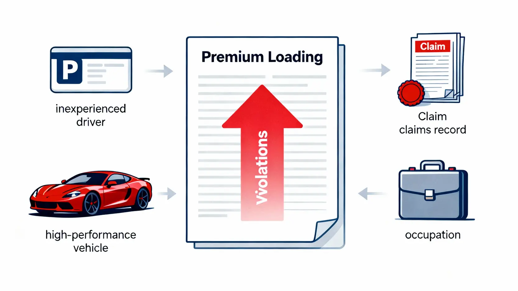 汽車保險Loading是什麼?搞懂保費加載與墊底費,高危車也能省保費! 3 五個導致汽車保險Loading增加的常見原因圖示,包括P牌、索償紀錄、交通違規、高性能車款和職業因素。