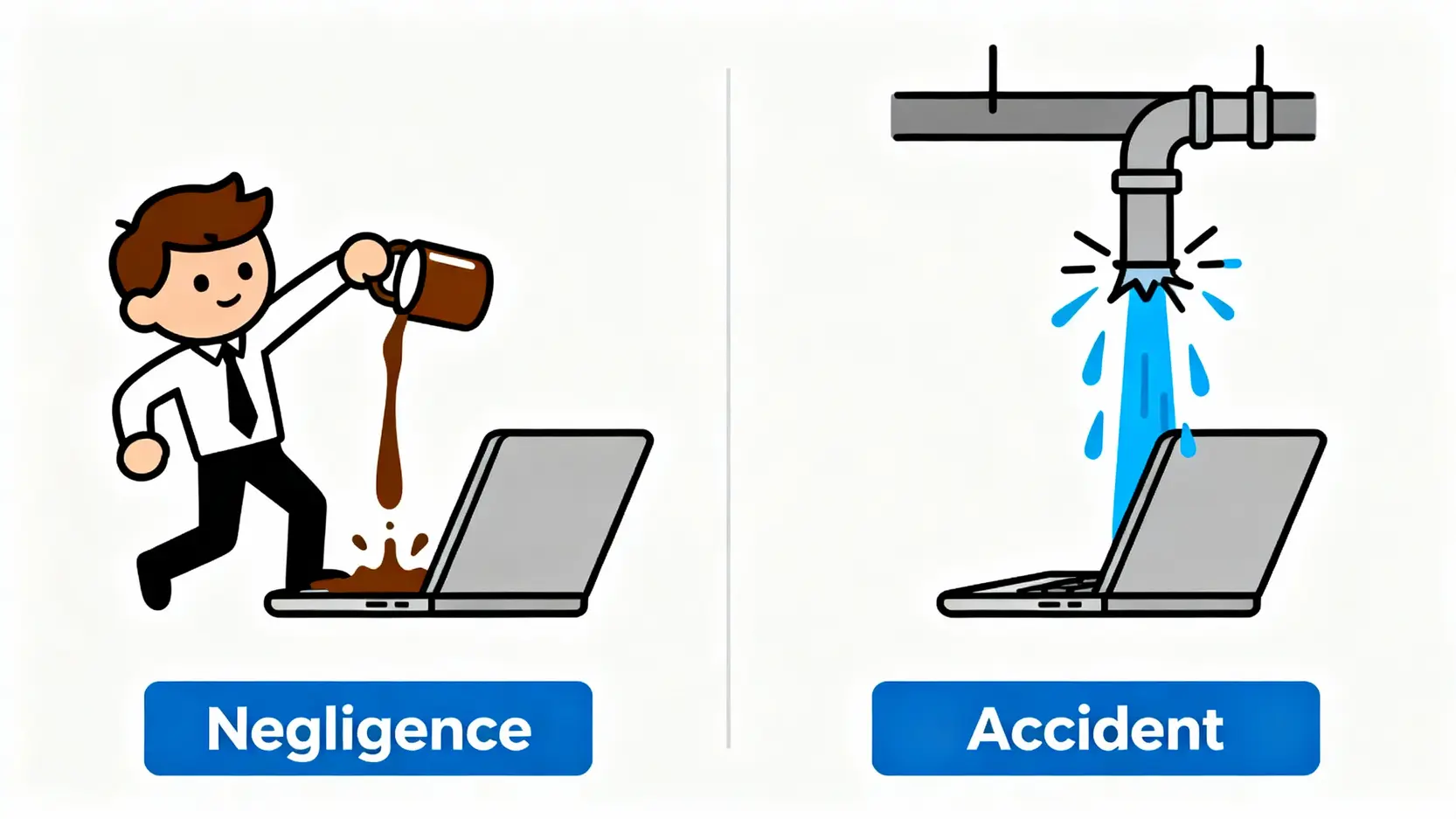 員工損壞賠償可以直接扣薪?《僱傭條例》扣薪上限與索償流程 3 一張對比圖,說明員工疏忽(打翻咖啡)與意外事件(天花板漏水)導致公司財物損壞的區別。