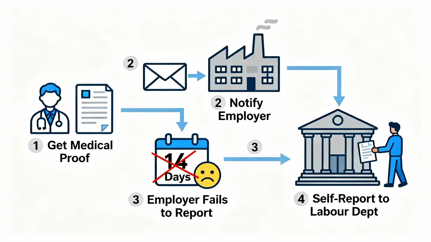 【工傷自救】僱主不報工傷後果嚴重?一文看懂勞工處查詢及ECAFB申請 4 僱員自行呈報工傷的四個步驟流程圖,包括求醫、通知僱主、以及向勞工處提交文件。