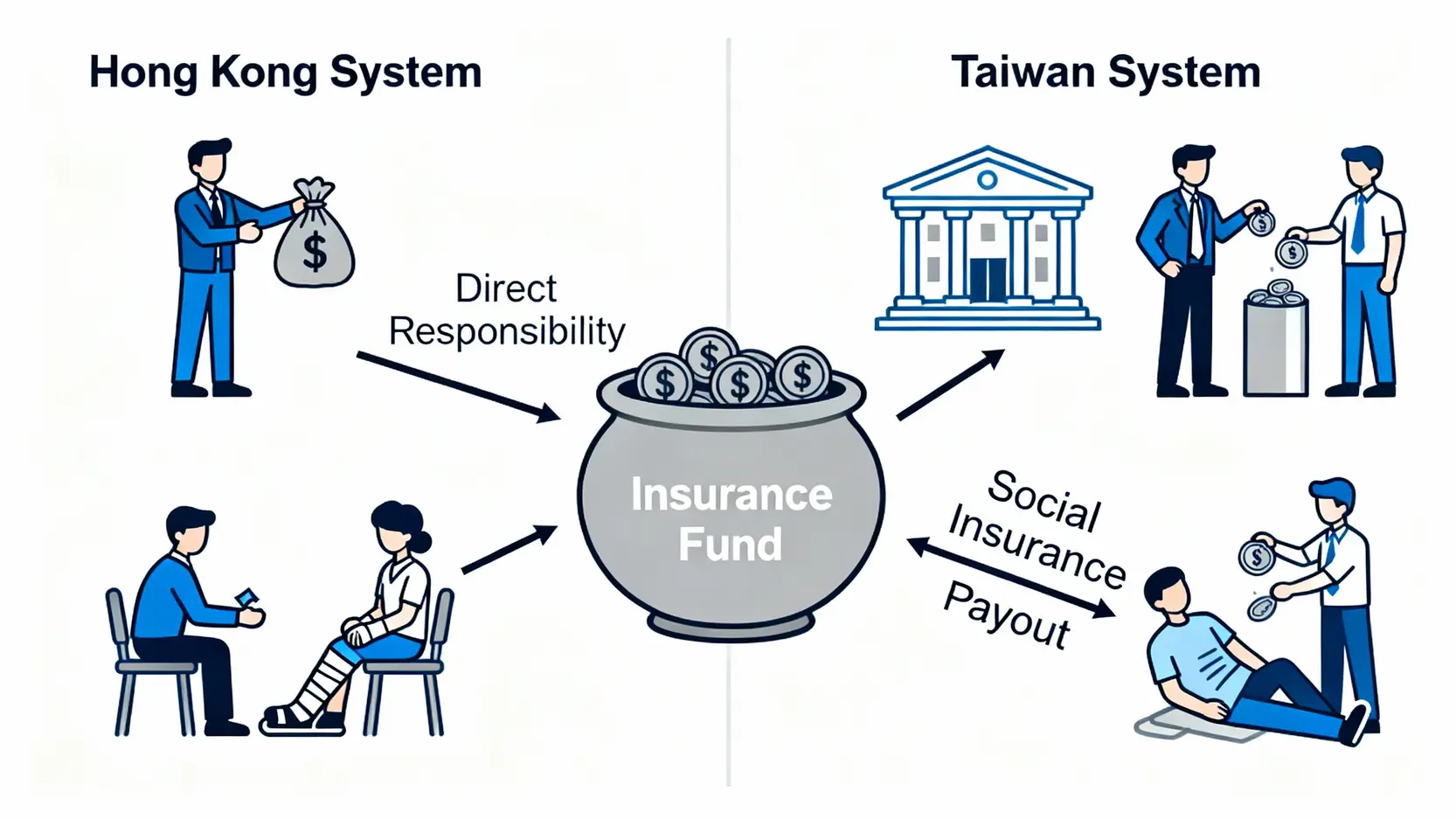 【勞工法例賠償上限2026】工傷、死亡理賠金額計算懶人包:《僱員補償條例》全解析 3 香港《僱員補償條例》與台灣《勞工保險條例》的運作模式對比圖,顯示了香港的僱主直接責任制與台灣的三方供款社會保險制。