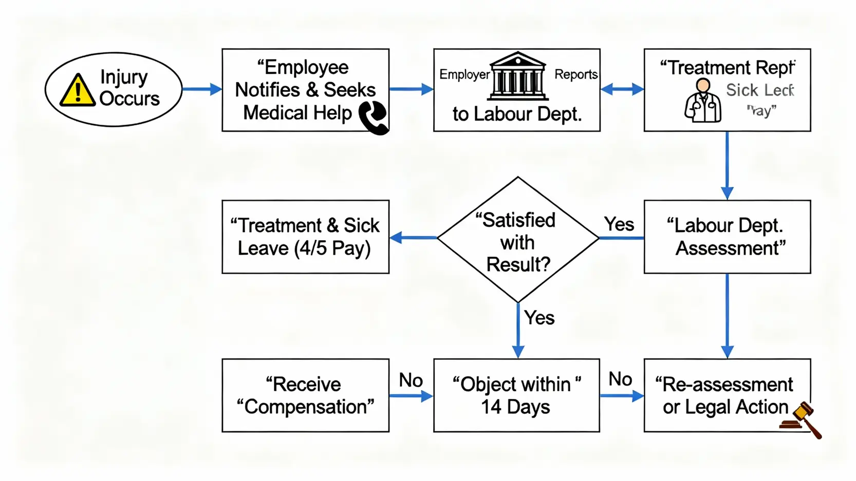 【工傷呈報程序】勞工處表格填寫、呈報時限及判傷結果全攻略 5 完整的香港工傷索償流程圖,從意外發生、呈報、判傷到最終獲得賠償或提出反對的全部步驟。