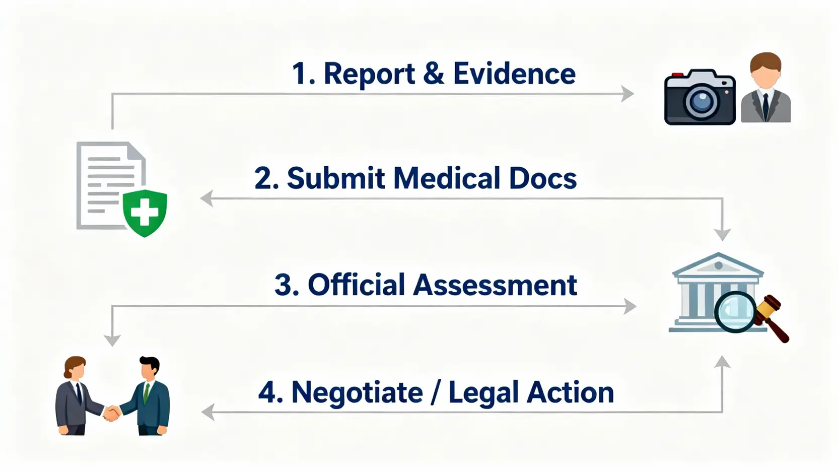 【工傷賠償個案】律師深度剖析5大案例,教你計算工傷後遺症賠償金額 5 工傷索償4個關鍵步驟流程圖,從即時呈報到最終協商。
