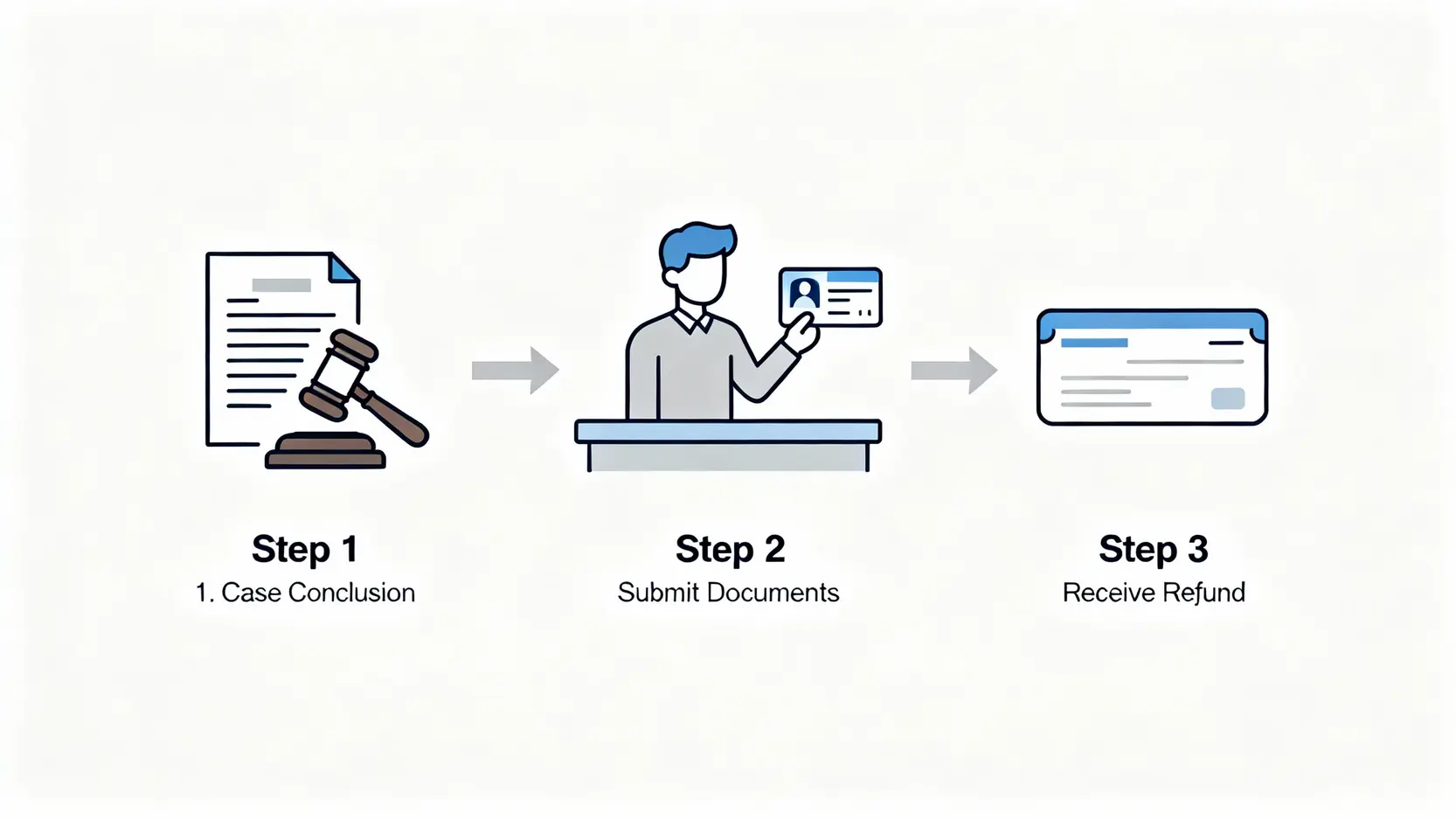 保釋金多少才合理?保釋金計算、退還流程與沒錢繳交解決方案 4 保釋金退還的三個步驟流程圖,從案件結束到提交文件再到領取支票。