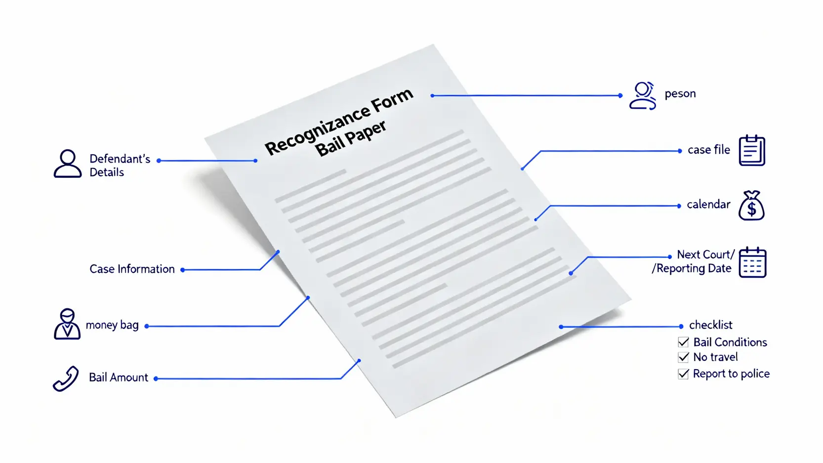 保釋程序全攻略:從保釋文件到流程步驟,看懂保釋紙是什麼! 4 一份保釋紙(擔保書)的示意圖,標示出被告資料、案件資料、保釋金、報到日期和保釋條件等關鍵部分。