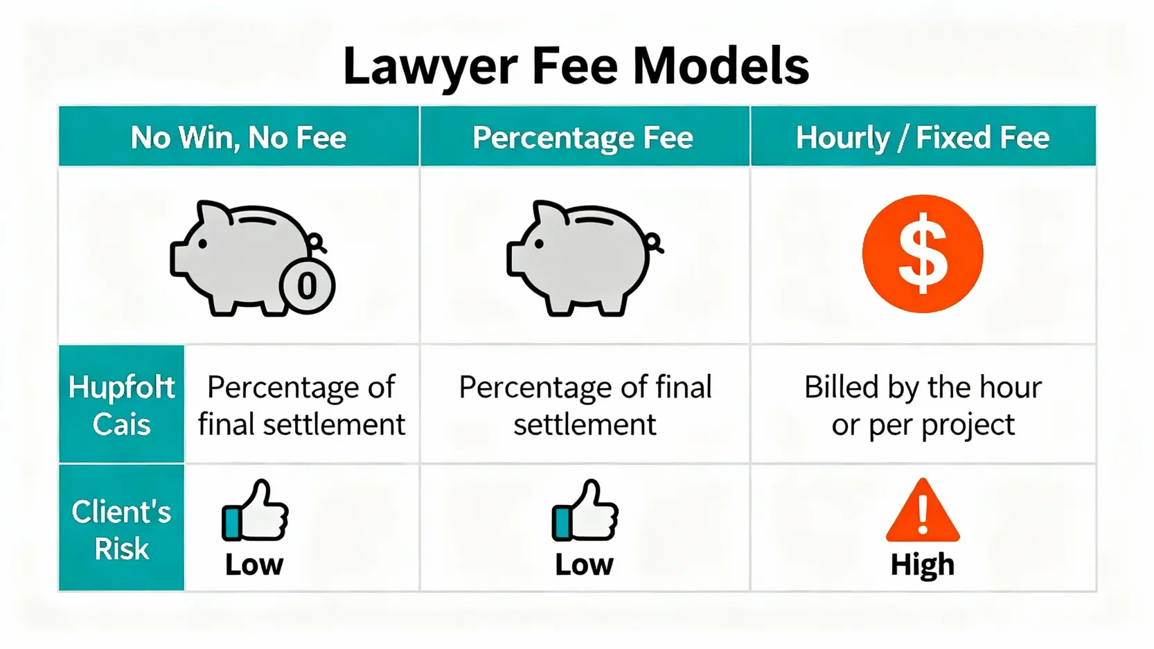 工傷律師推薦:5大關鍵看收費、索償流程及免費法律諮詢 4 三種常見工傷律師收費模式對比圖,比較「不成功不收費」、按百分比收費及鐘點收費的特點、支付方式及客戶風險。