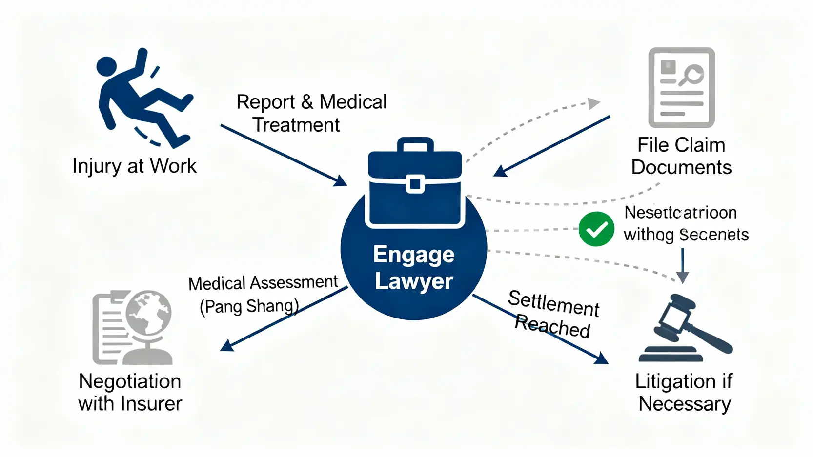 工傷律師推薦:5大關鍵看收費、索償流程及免費法律諮詢 3 香港工傷索償流程圖,展示從工傷發生到與保險公司協商及最終和解的各個步驟,並標示律師在其中扮演的角色。