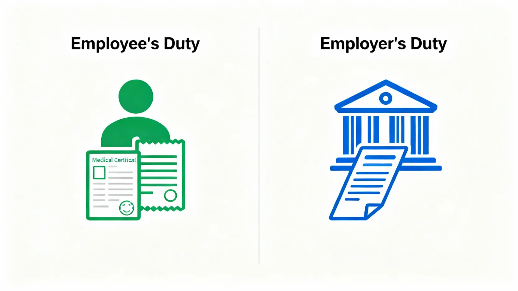 【報工傷程序教學】一文看懂呈報工傷期限、病假錢及僱主責任 4 一張對比圖,左邊說明僱員工傷責任為提交文件,右邊說明僱主責任為向勞工處呈報。