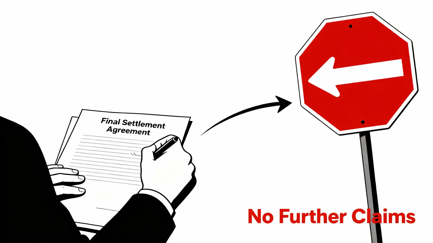 工傷和解全攻略:律師詳解金額計算、流程、5大注意事項與和解書範本 5 一張概念圖,顯示簽署工傷和解協議書就如同走上一條單行道,無法再回頭追討任何額外賠償,強調權利放棄的最終性。