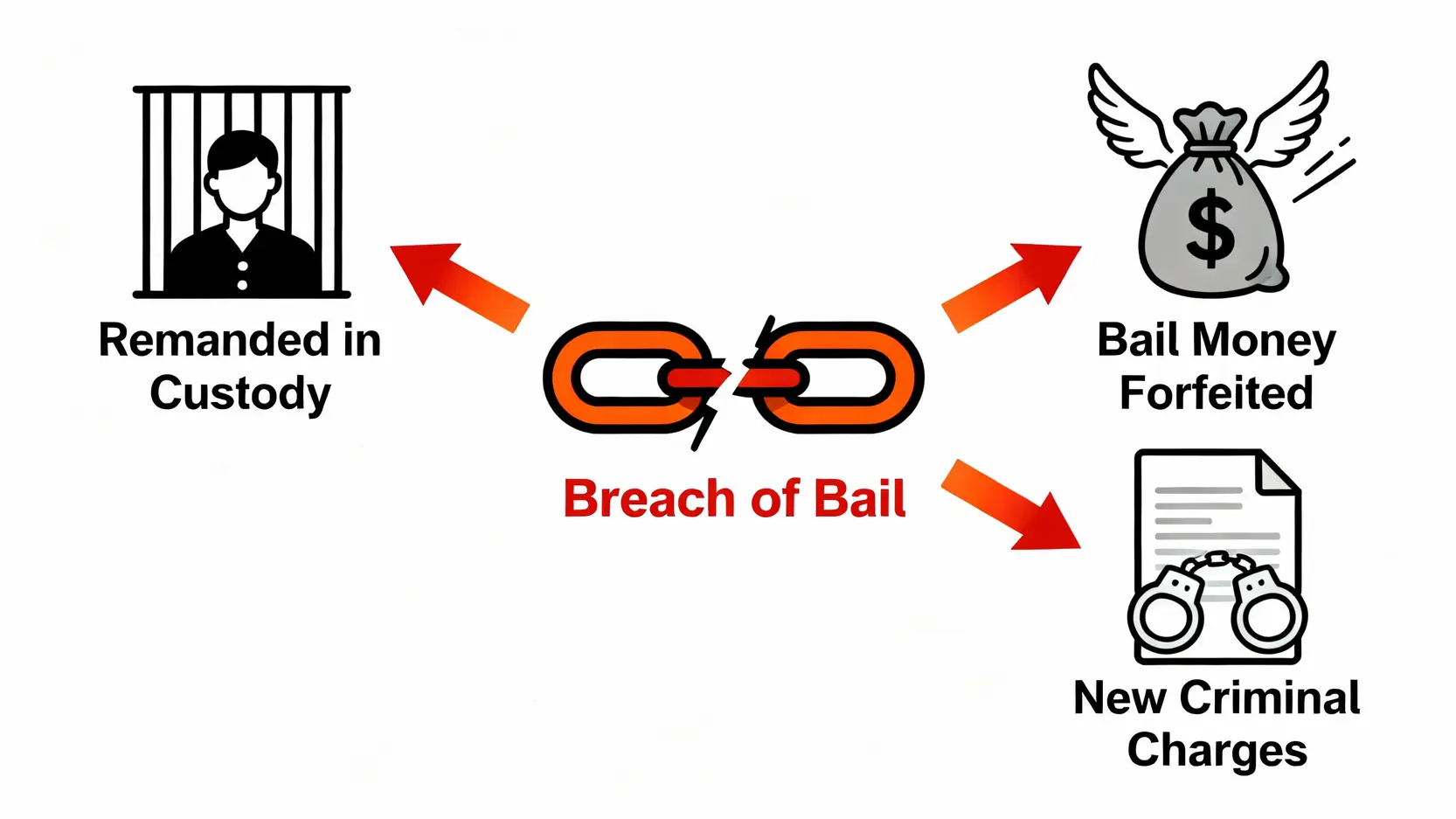 保釋期間可以出境嗎?律師詳解5大注意事項與違反保釋條件後果 5 違反保釋條件的三種嚴重後果示意圖