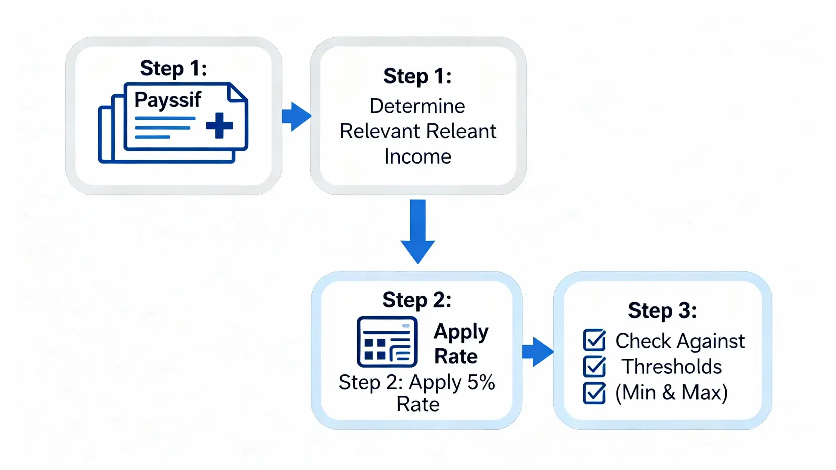 【MPF供款計算2026】強積金計算懶人包:供款上下限、方法及扣稅全攻略 4 強積金MPF供款計算三步驟流程圖:第一步是確定有關入息,第二步是應用5%供款率,第三步是核對供款上下限。
