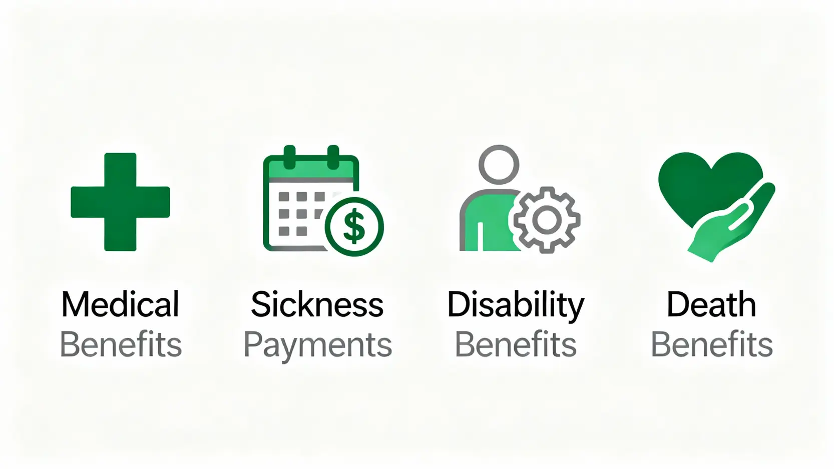 職業病申請全攻略:律師教你看懂認定標準、給付流程及索償權益 5 圖示四種主要的職業病給付項目:醫療給付、傷病給付、失能給付及死亡給付。