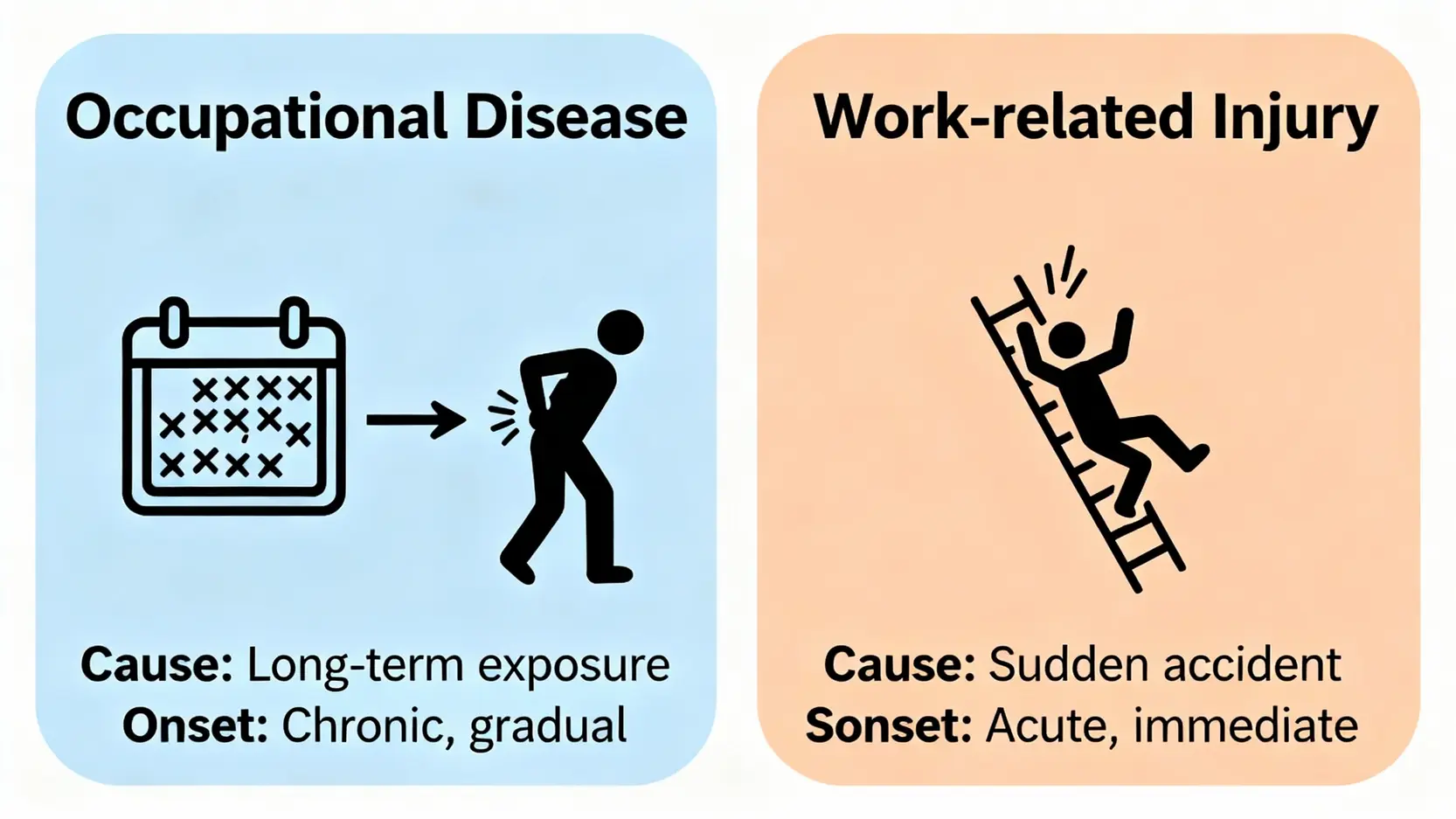 職業病是什麼?香港法律定義、種類及與工傷分別全解析 4 對比圖解,左側說明職業病是長期累積形成的慢性疾病,右側說明工傷是突發意外造成的急性損傷。