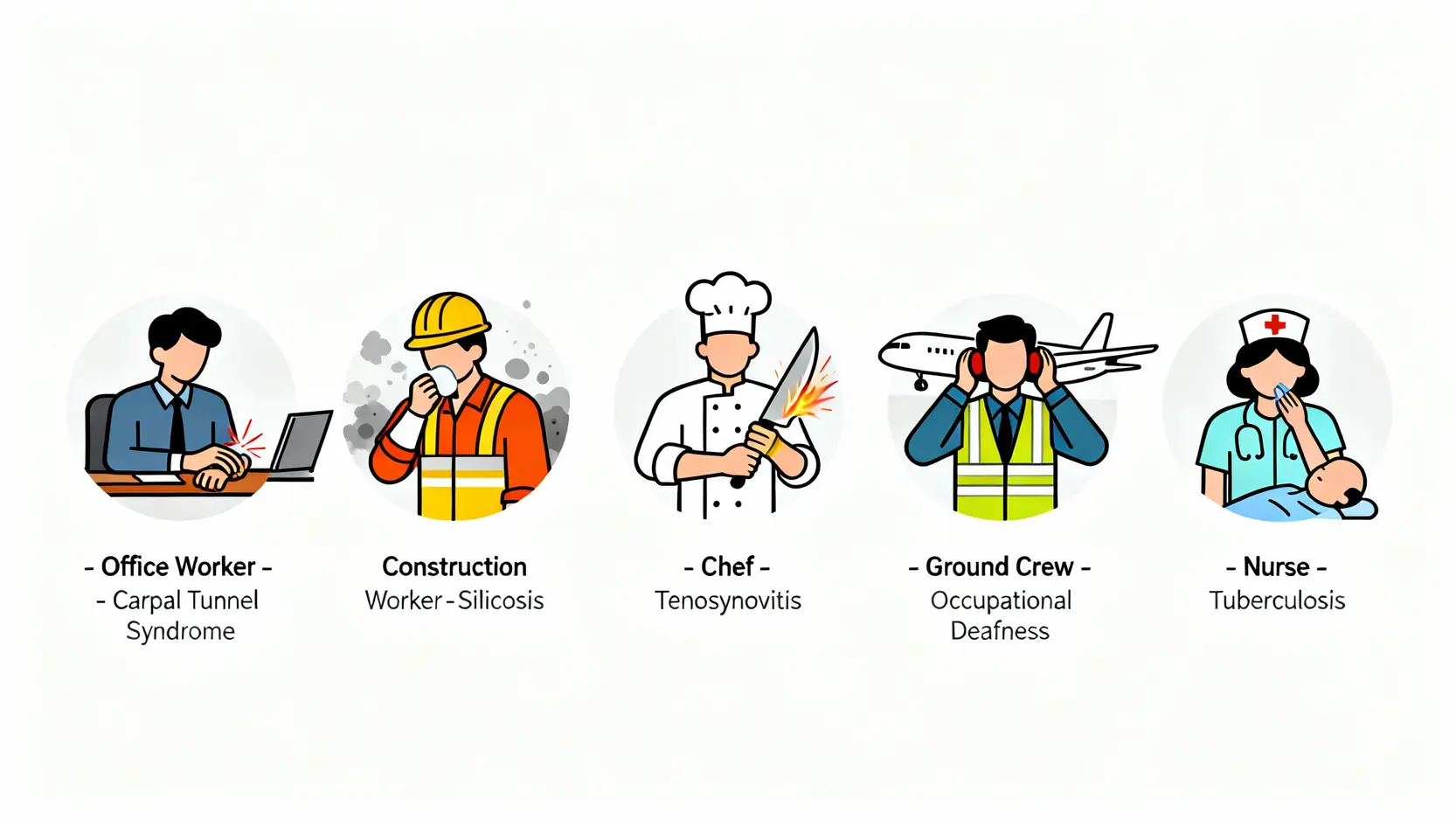 職業病是什麼?香港法律定義、種類及與工傷分別全解析 5 五種香港常見職業病案例的圖示,包括文員的腕管綜合症、建築工人的矽肺病、廚師的腱鞘炎、機場地勤的失聰及醫護人員的結核病。