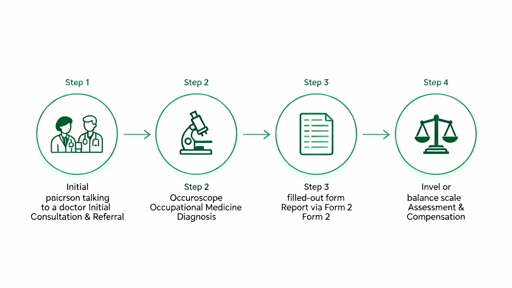職業病預防治療全攻略:即刻搞懂職業病看哪科、症狀與預防措施 4 一張流程圖展示香港職業病的求診與鑑定流程,包含初步求診與轉介、職業醫學科診斷、表格二呈報、以及最終的判傷與補償四個步驟。