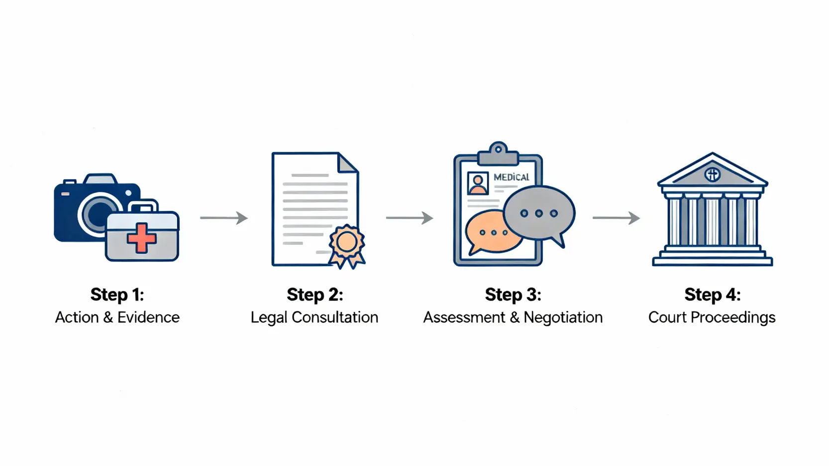 意外賠償全攻略:香港律師詳解人身傷亡索償程序與金額計算 3 意外賠償索償的四個階段流程圖,包括事後處理、法律諮詢、醫療評估與協商,以及法庭訴訟。