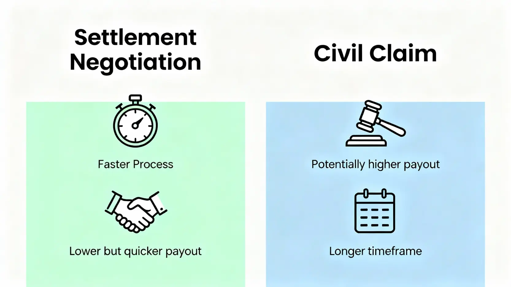【交通意外賠償】撞車索償金額計算懶人包:第三者保險上限、和解程序全攻略 5 和解談判與民事索償的優缺點對比圖,顯示兩者在處理時間和賠償金額上的差異。