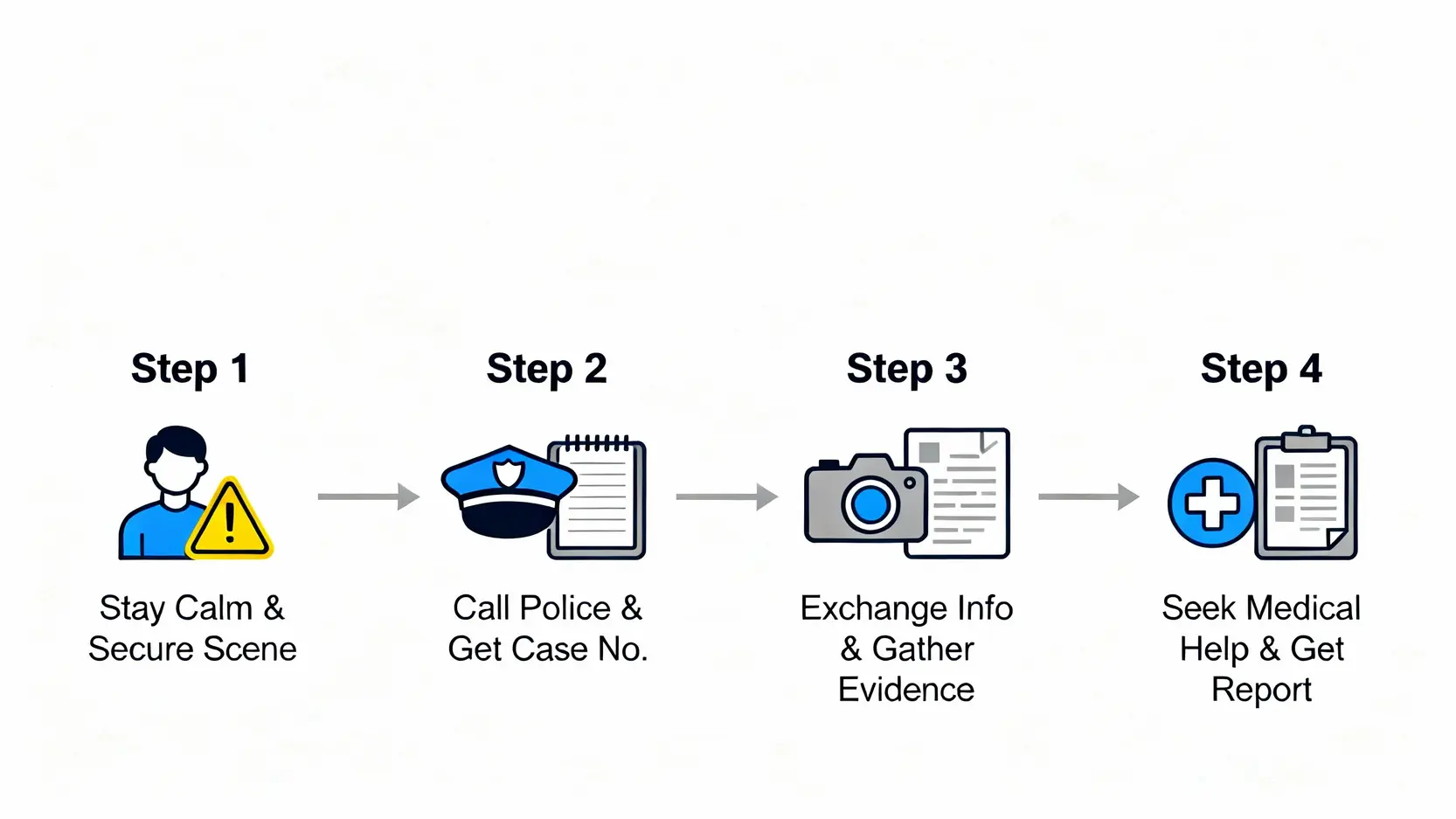 交通意外索償程序全攻略:和解、計賠償到揀律師5大步驟 3 交通意外發生後應對四部曲流程圖:保持冷靜、報警、蒐證、求醫。
