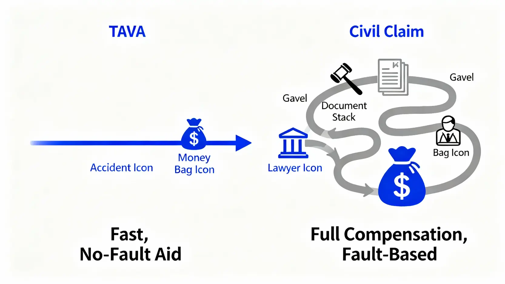 TAVA申請全攻略:交通意外傷亡援助計劃資格、流程、金額一篇搞掂 3 TAVA援助計畫與一般民事索償的分別對比圖,顯示TAVA流程快速且不論過失,而民事索償則較複雜且基於過失。