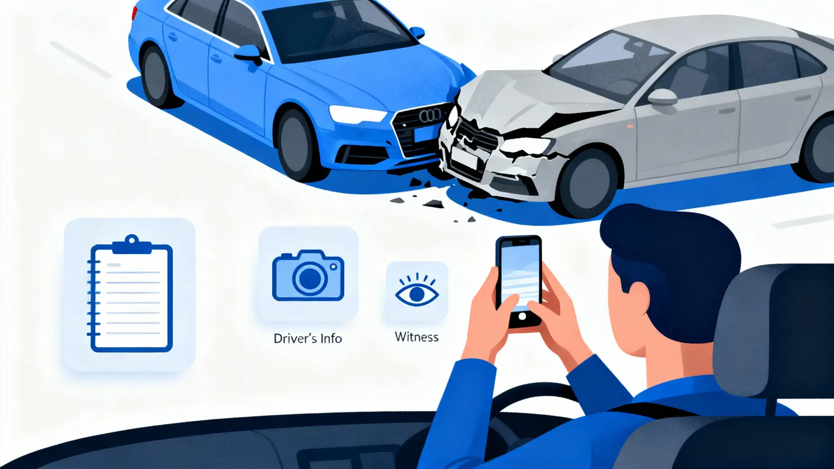 交通意外落口供技巧全攻略:報警程序、5大注意事項做錯一步即影響索償 4 一名司機在車禍現場使用手機拍照搜證,旁邊有圖標顯示需記錄對方資料和尋找目擊證人。
