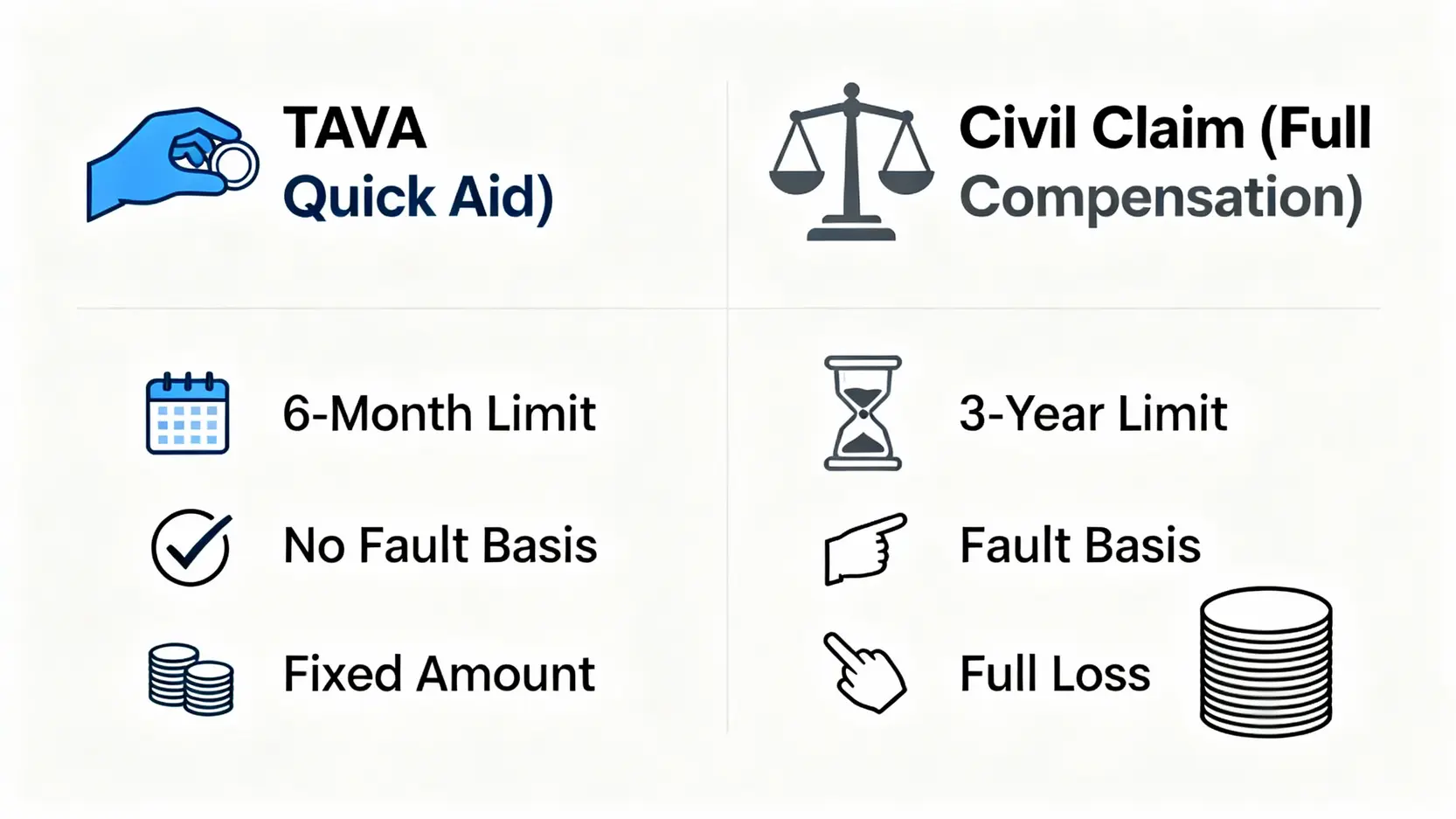 交通意外賠償懶人包:一般交通意外賠償金額、索償時限及5大步驟全攻略 3 圖表比較交通意外傷亡援助計劃(TAVA)與民事索償的主要分別,包括時限、基礎和賠償金額。