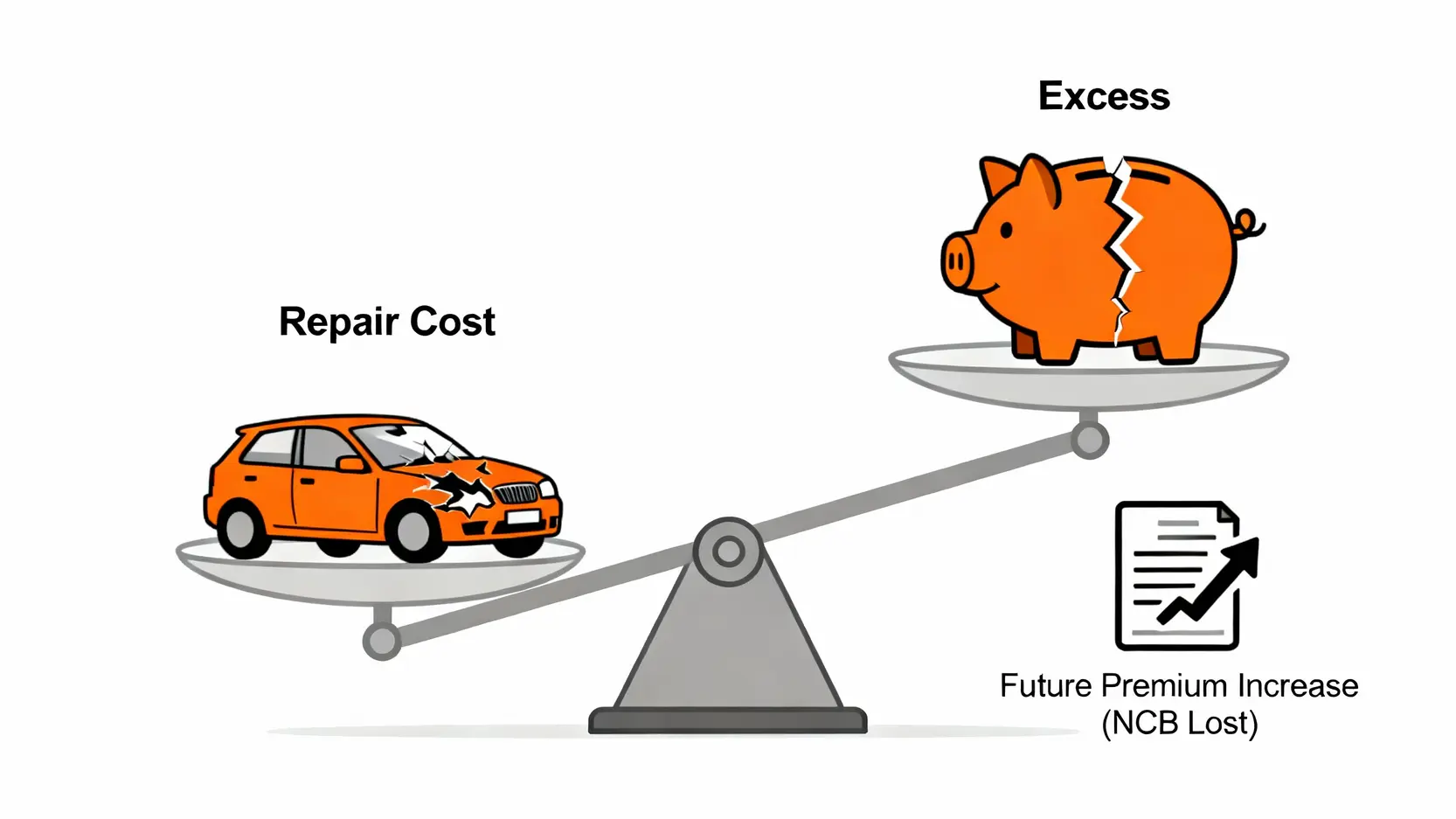 香港撞車後程序全攻略:報警、私了、Claim保險懶人包 5 一張概念圖,解釋索償時維修費、墊底費與無索償折扣(NCB)之間的財務權衡。