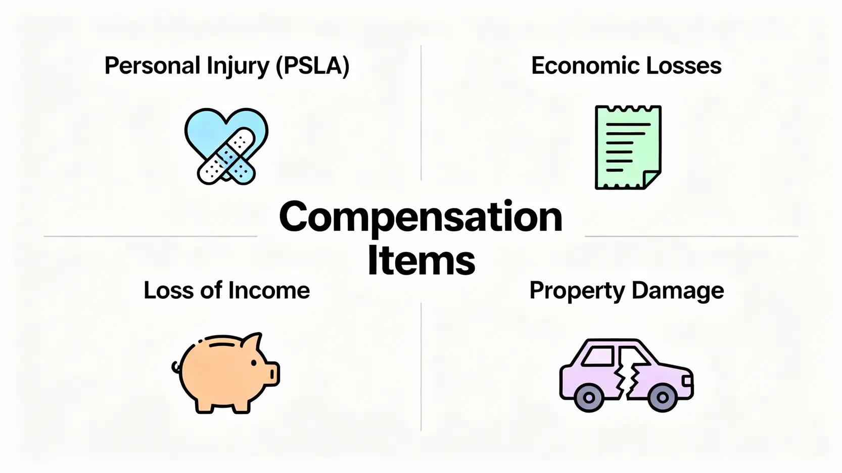【撞車賠償全攻略】交通意外賠償項目、人身傷亡金額計算方法一文睇清 4 一張圖解釋交通意外四大賠償項目,包括人身傷亡、實際經濟損失、收入損失和財物損失。