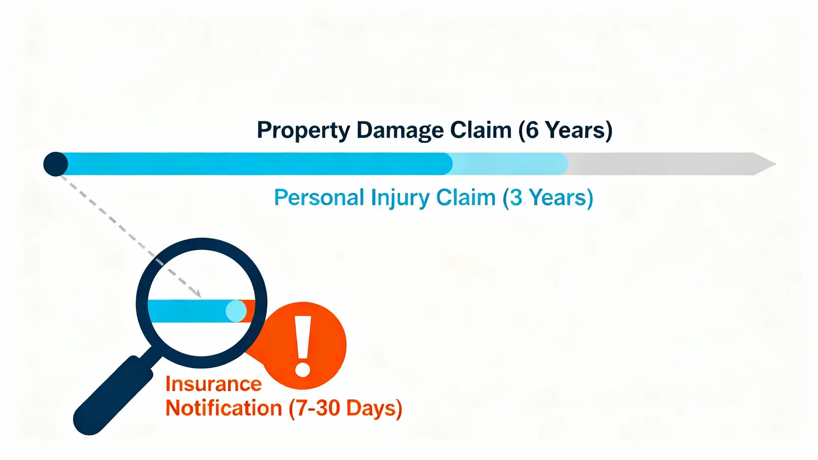 【交通意外追索期】錯過3年點算?律師教你分清民事與保險索償期限 4 一張概念示意圖,比較交通意外索償中的不同時限:財物損失(6年)、人身傷亡(3年)及保險索償通知(7至30天)。