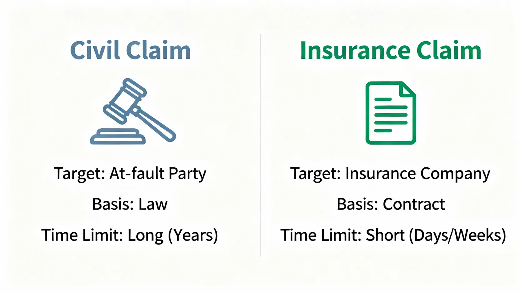 【交通意外追索期】錯過3年點算?律師教你分清民事與保險索償期限 3 一張對比圖,區分民事追討與保險索償在對象、依據和時限上的不同。