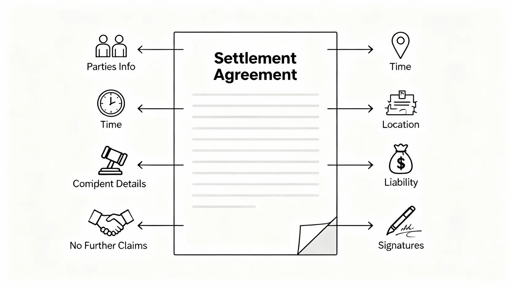 撞車私了懶人包:專業和解書/不追究協議書範本(Word/PDF)及5大注意事項 4 一張說明撞車和解書必備8大關鍵內容的示意圖,包括雙方資料、時間、地點、意外簡述、賠償、責任、不追究條款及簽名。