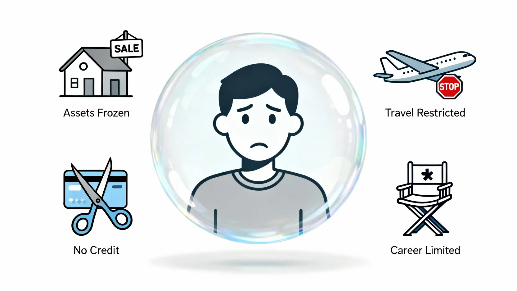 【香港破產懶人包】申請破產後果、期間限制及家人影響:一文看清所有好處壞處 4 一名男子被一個透明氣泡包圍,象徵破產期間的生活限制,包括資產、出行、信貸和事業。