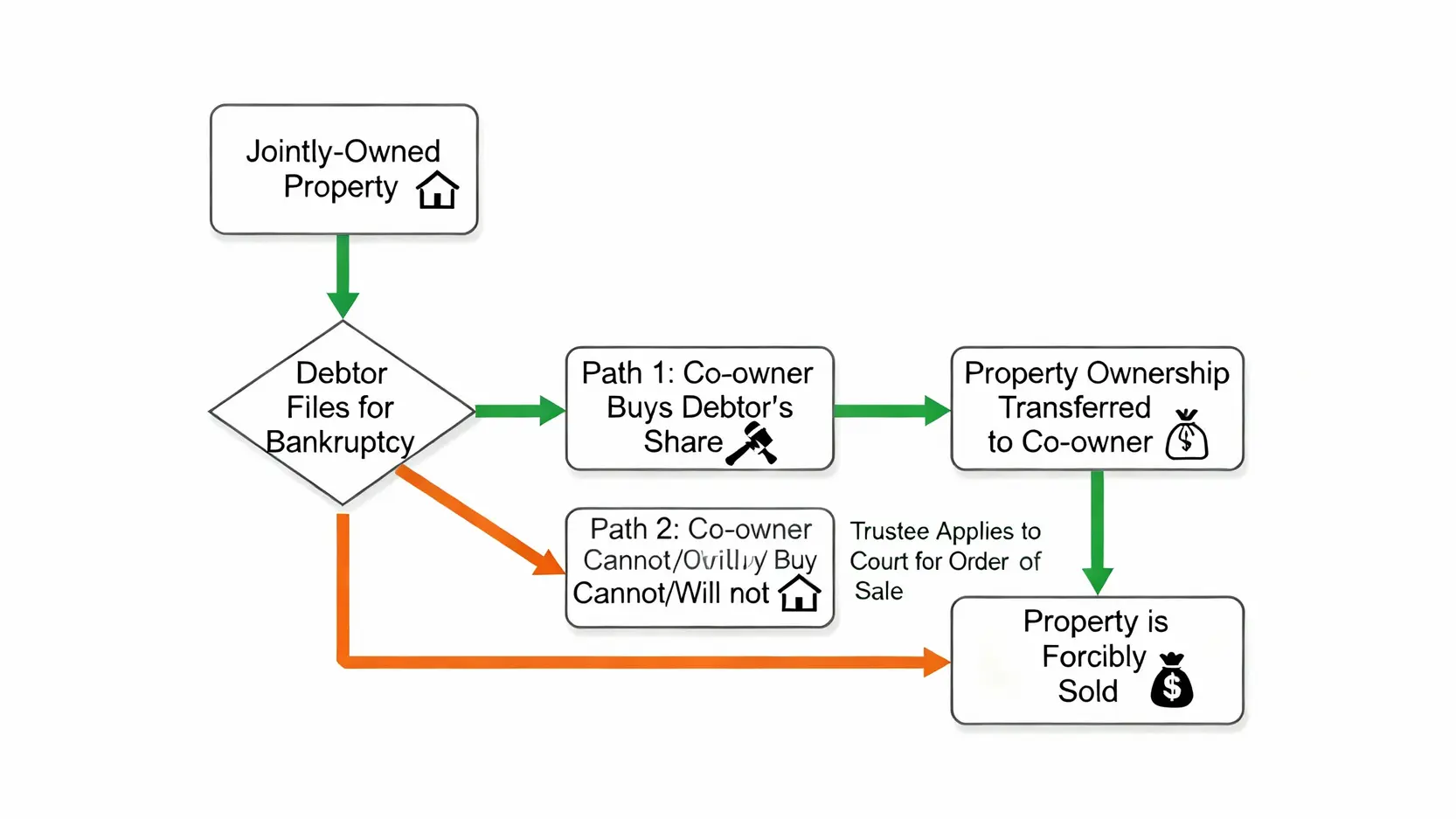 【香港破產懶人包】申請破產後果、期間限制及家人影響:一文看清所有好處壞處 5 一張流程圖,解釋破產時聯名物業的處理方式,分為家人購入業權或被強制出售兩種路徑。