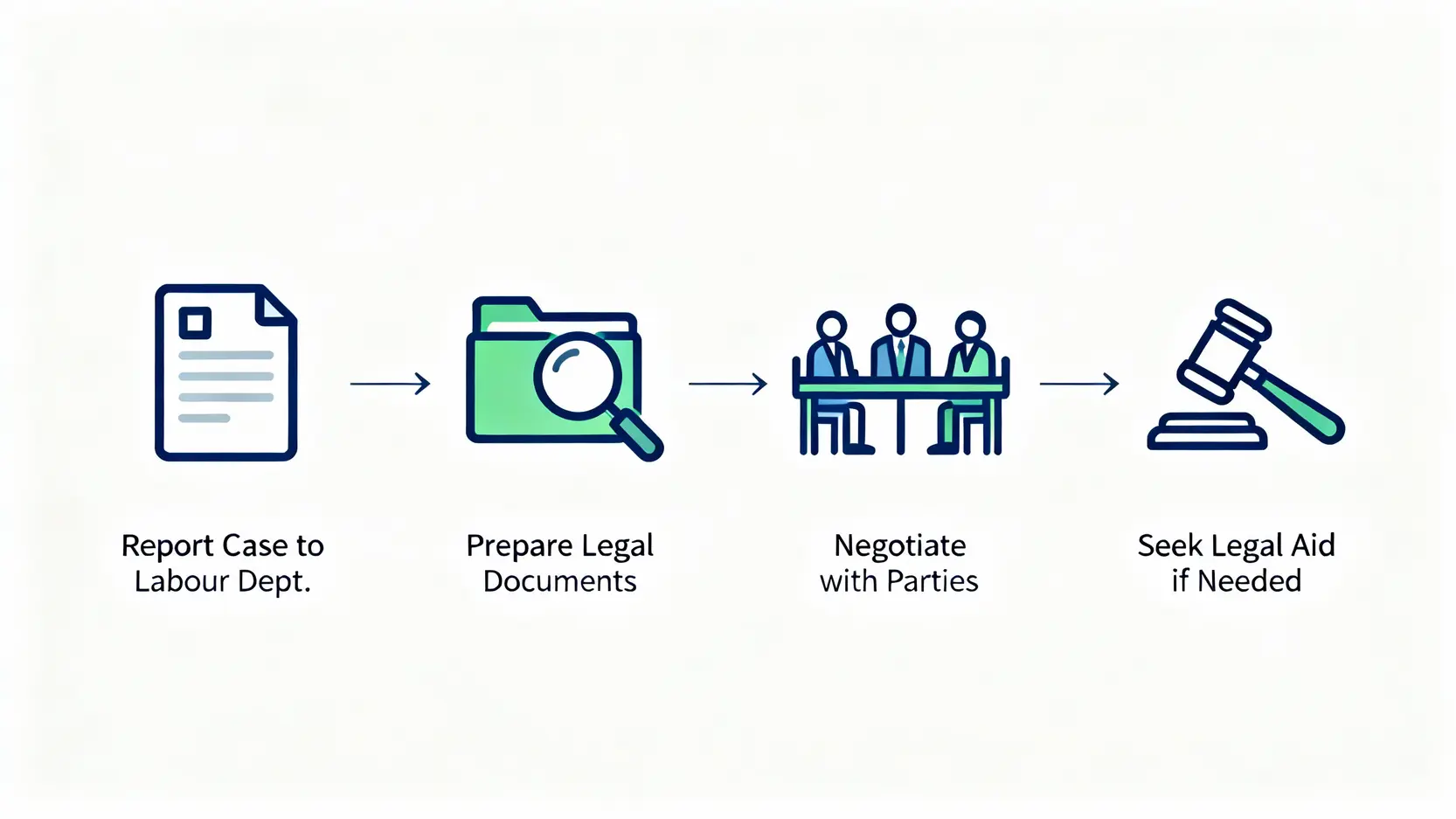 工業意外死亡賠償懶人包:死亡補償金計算、殮葬費津貼及程序一文看清 4 展示工傷死亡索償程序的四個步驟流程圖,包括呈報個案、準備文件、進行協商及尋求法律援助。