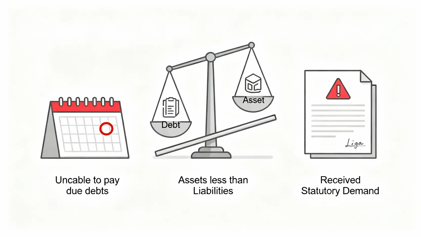 自己申請破產完全指南:一文睇清申請資格、流程及破產管理署費用 3 證明無力償還債務的三個核心法律標準示意圖。