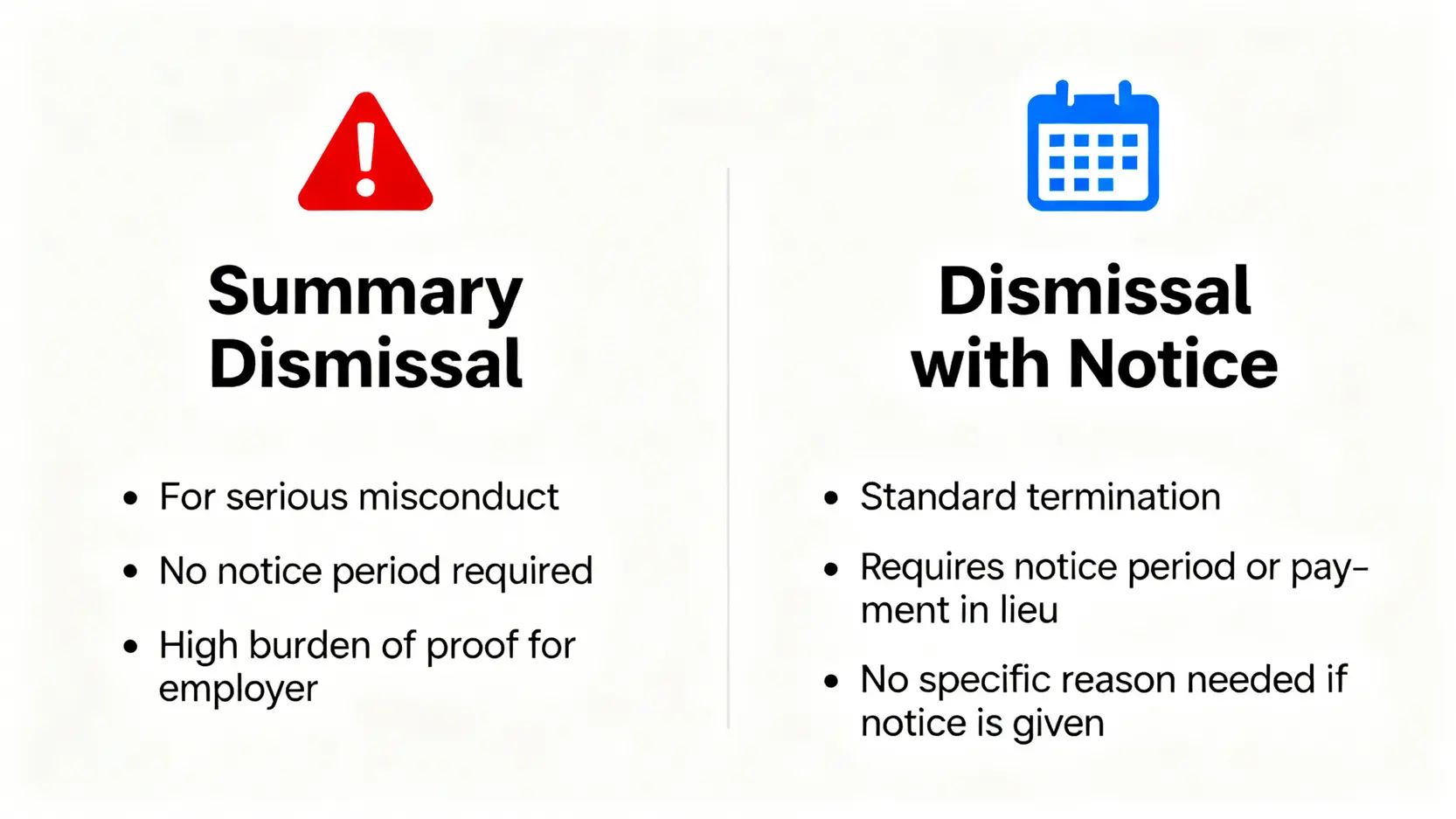 解僱員工怕踩雷?香港勞工法例、通知期、遣散費計算終極指南 3 一張對比圖,說明香港勞工法例下的兩種解僱方式:即時解僱與給予通知解僱的區別。
