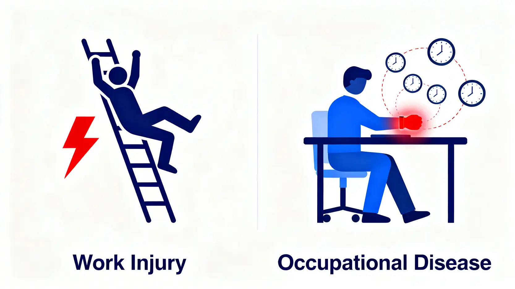 香港職業病申索全攻略:法定定義、種類清單及5大申索程序詳解 3 一張對比圖,左邊顯示代表工傷意外的突發事件,右邊顯示代表職業病的長期累積傷害。
