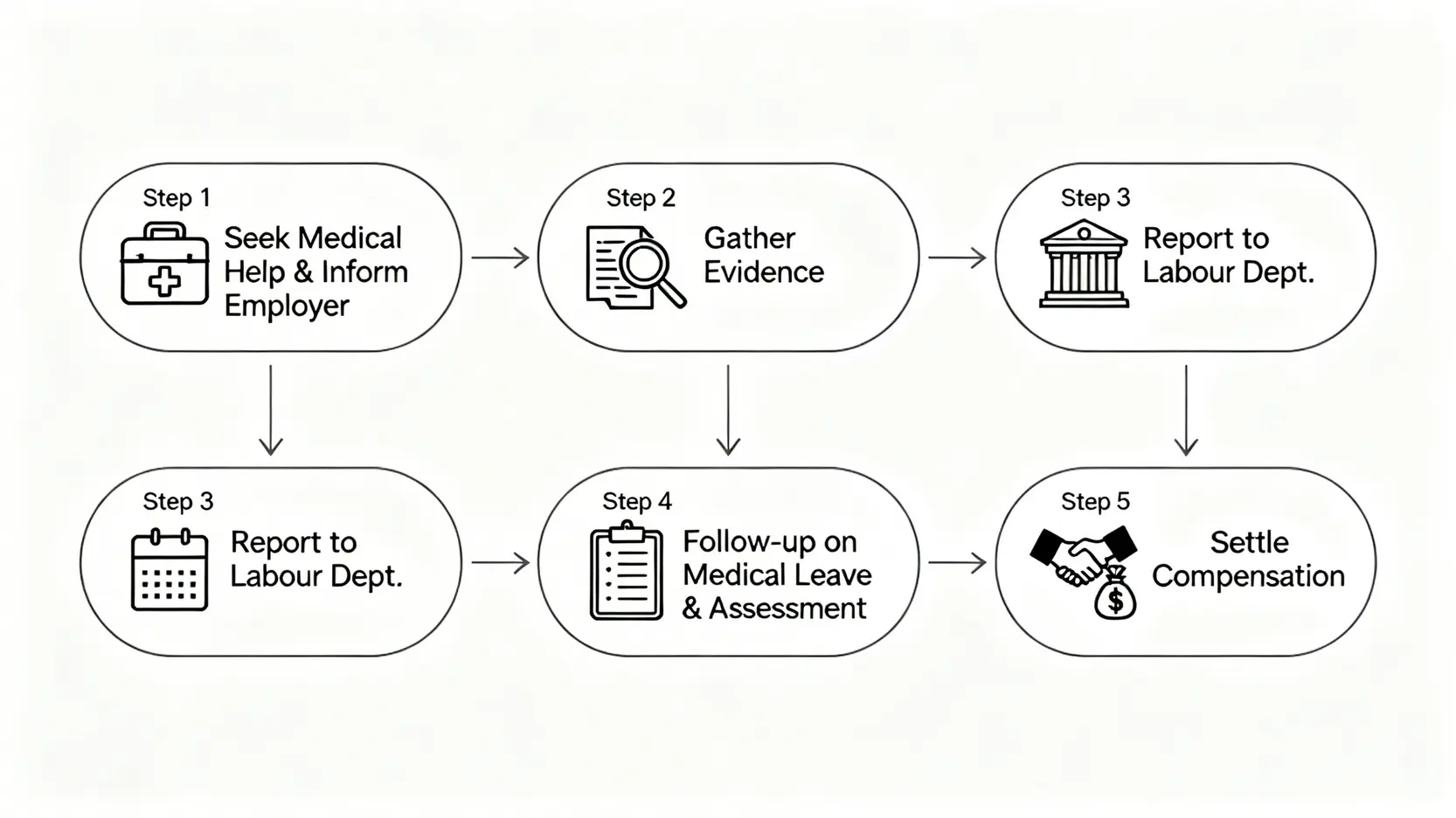 散工工傷追討指南:無僱傭合約、兼職都賠到?專家5步教學成功索償 4 散工工傷追討的五個步驟流程圖,包括求醫、收集證據、呈報勞工處、判傷跟進及計算賠償。