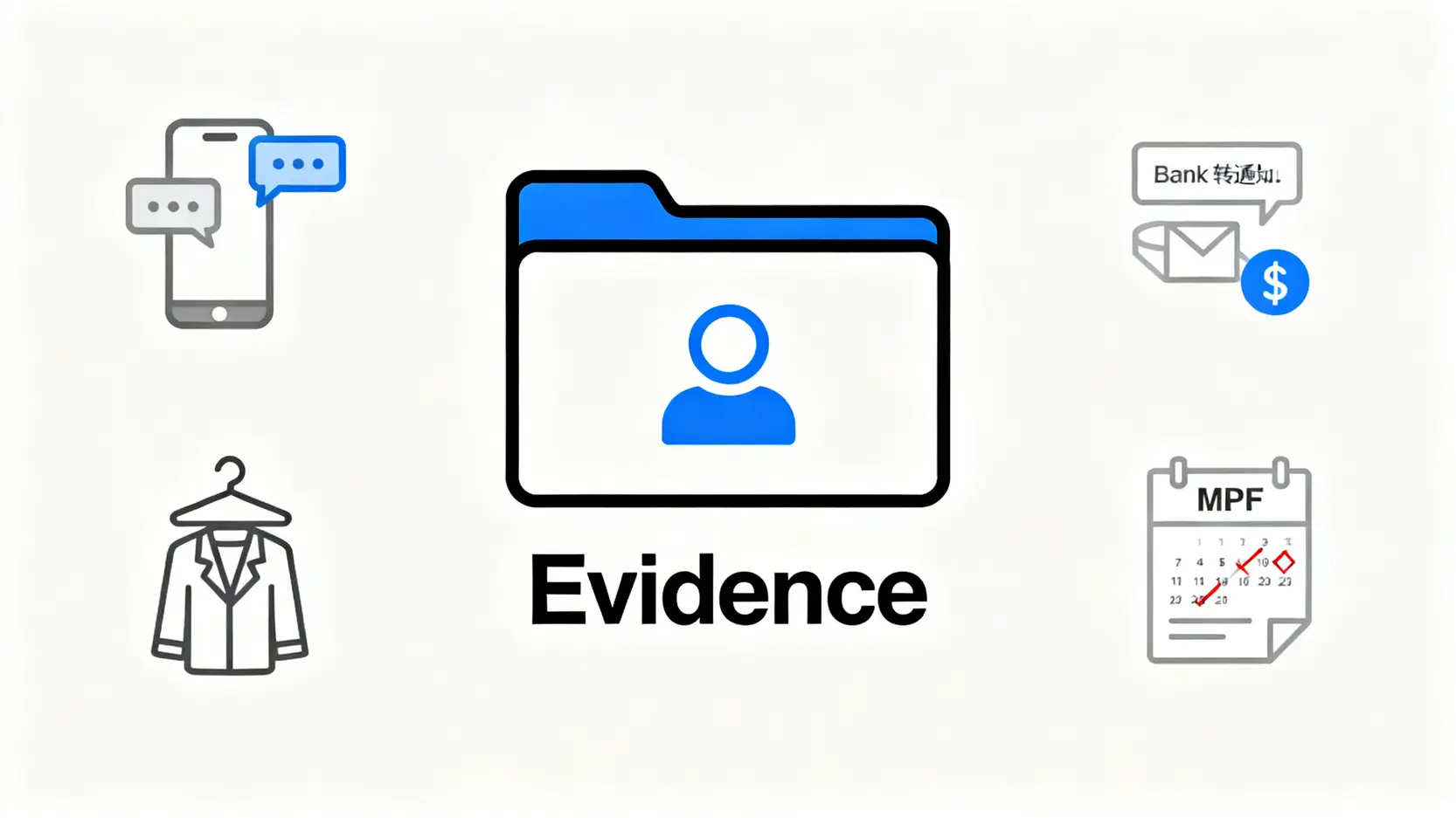 散工工傷追討指南:無僱傭合約、兼職都賠到?專家5步教學成功索償 5 證明僱傭關係所需證據的示意圖,包含通訊記錄、出糧證明、制服、工時表和強積金記錄等元素。