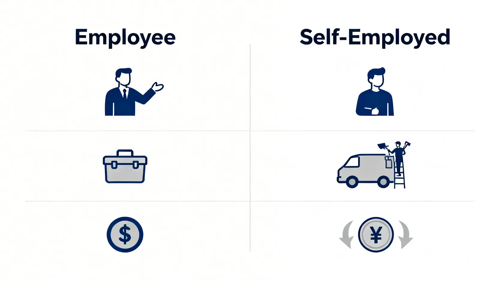 散工工傷追討指南:無僱傭合約、兼職都賠到?專家5步教學成功索償 3 「僱員」與「自僱人士」的判斷標準對比圖,顯示了在控制權、生財工具和營運損益方面的區別。