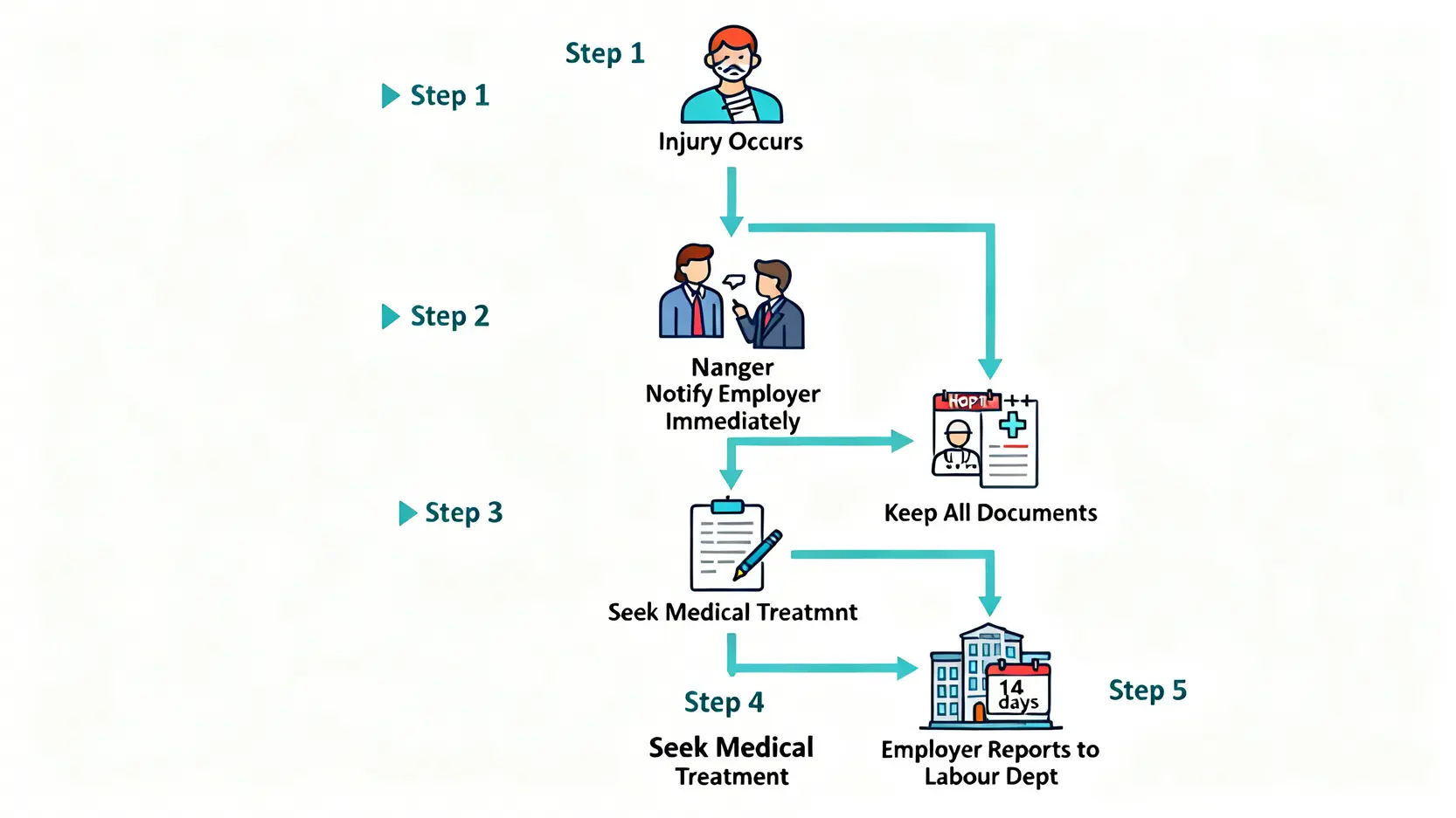 【工傷懶人包】工傷定義、申報程序、4/5病假錢計算方法一次搞懂 4 工傷申報程序流程圖,展示從意外發生、通知僱主、求醫、保存文件到僱主呈報勞工處的完整步驟。