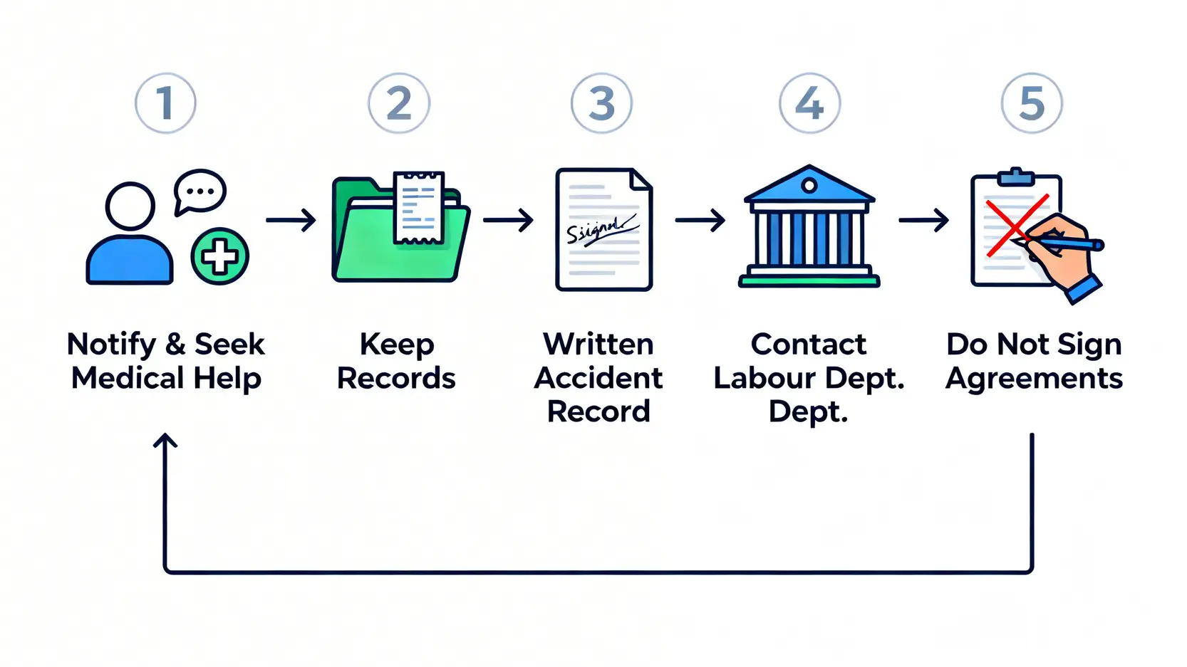 工傷勞資糾紛全攻略:公司唔報工傷後果?5步自保免被解僱 4 員工應對工傷勞資糾紛的五個自保步驟流程圖,包括通知公司、保留單據、書面記錄、聯絡勞工處及拒簽私了協議。