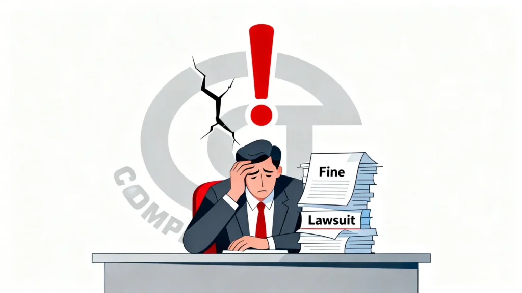 【工傷權益指南】工傷期間可否工作、出境、被解僱?一文看清追討流程與4大禁忌 2 一位僱主因未呈報工傷而面臨法律文件、罰款及公司信譽受損等多重後果的示意圖。